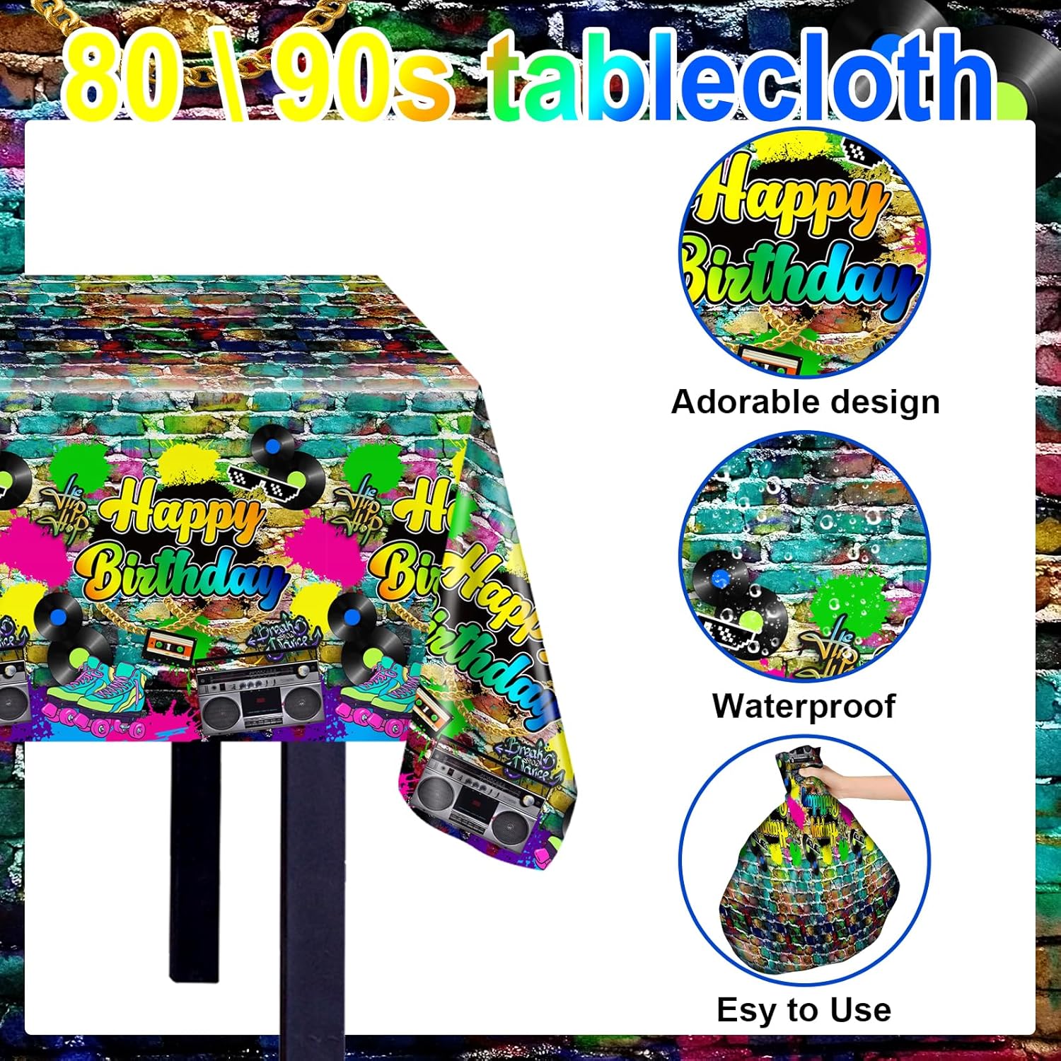Avezano 3 Pcs 80s Hip Hop Party Tablecloth