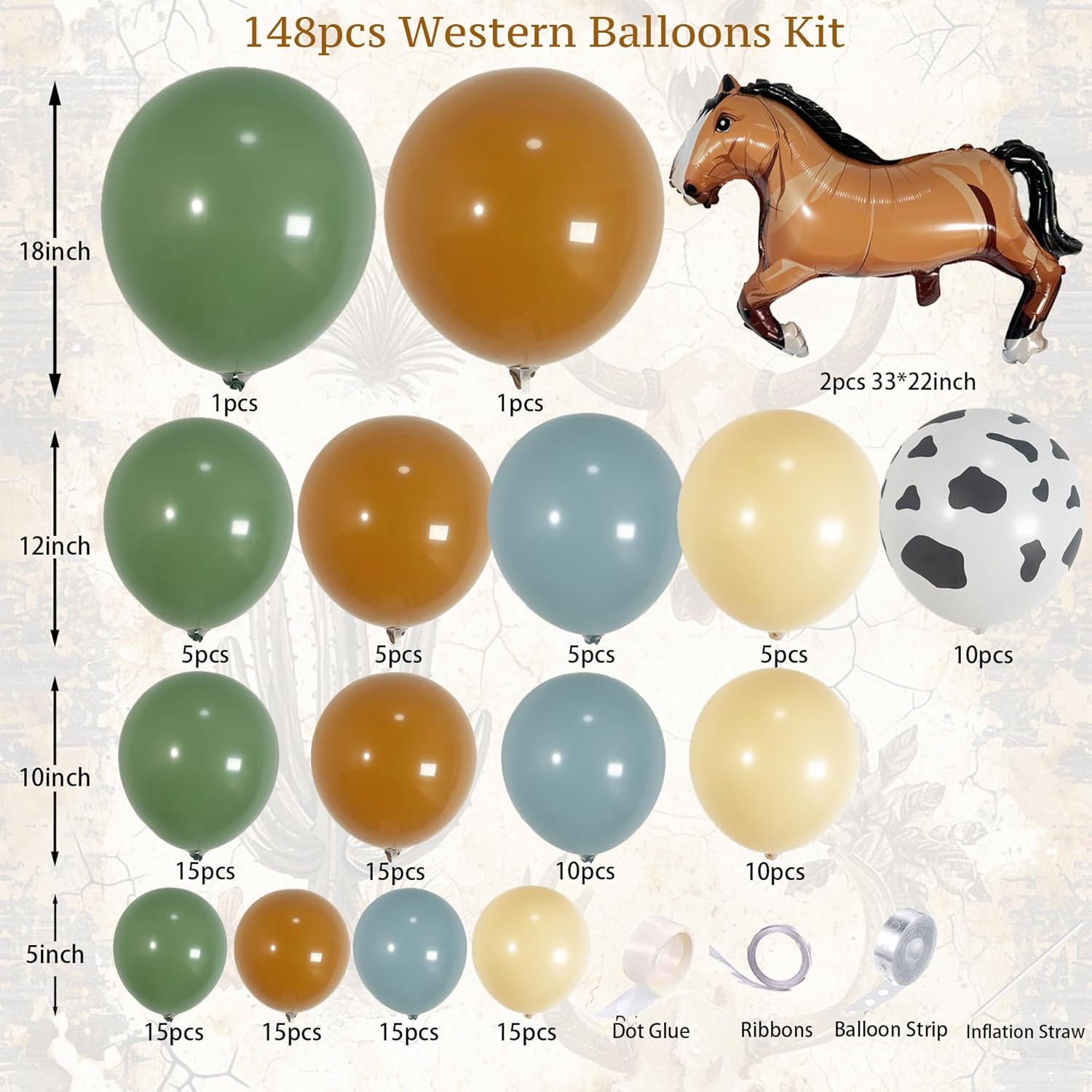 148Pcs Western Balloon Arch Kit with Horse Balloons for Cowboy Birthday Party Decorations