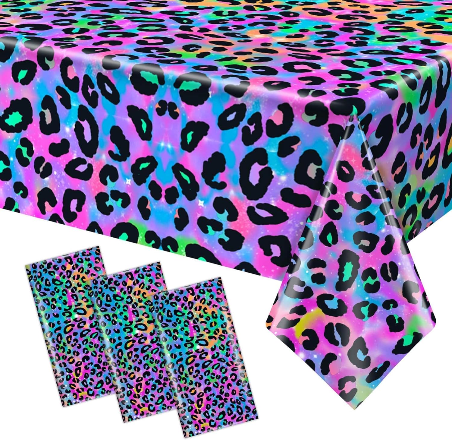 3 Pcs Neon Rainbow Leopard Tablecloth for Birthday Party Supplies