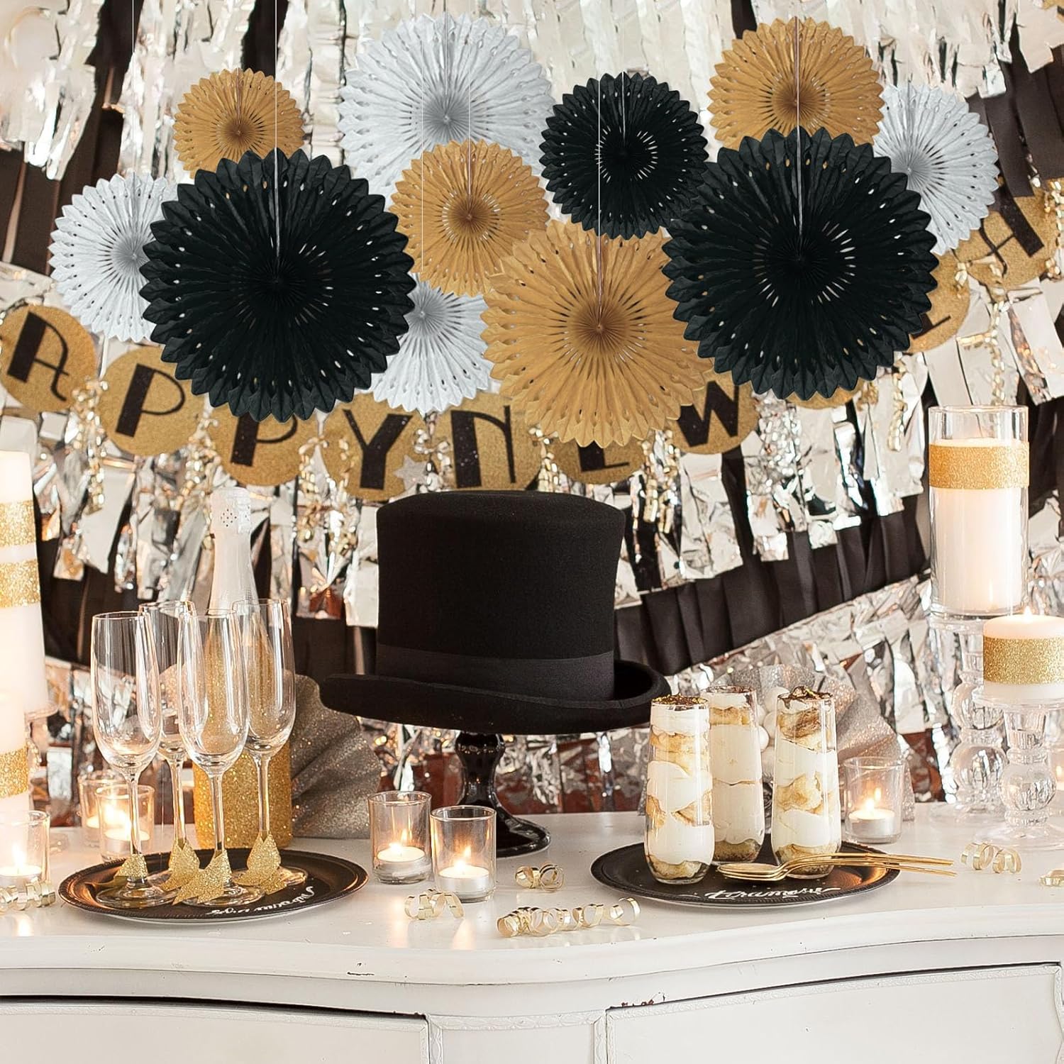 18 Pcs Black Paper Fans for Home Decor and Party Supplies