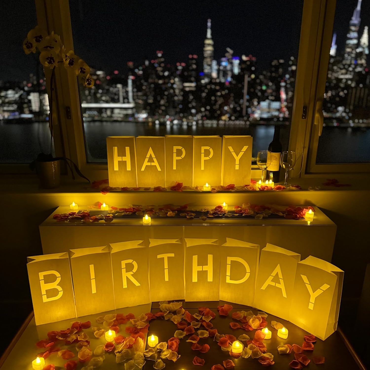 Happy Birthday Light Up Letters with Tea Lights and Rose Petals - Luminary Bags