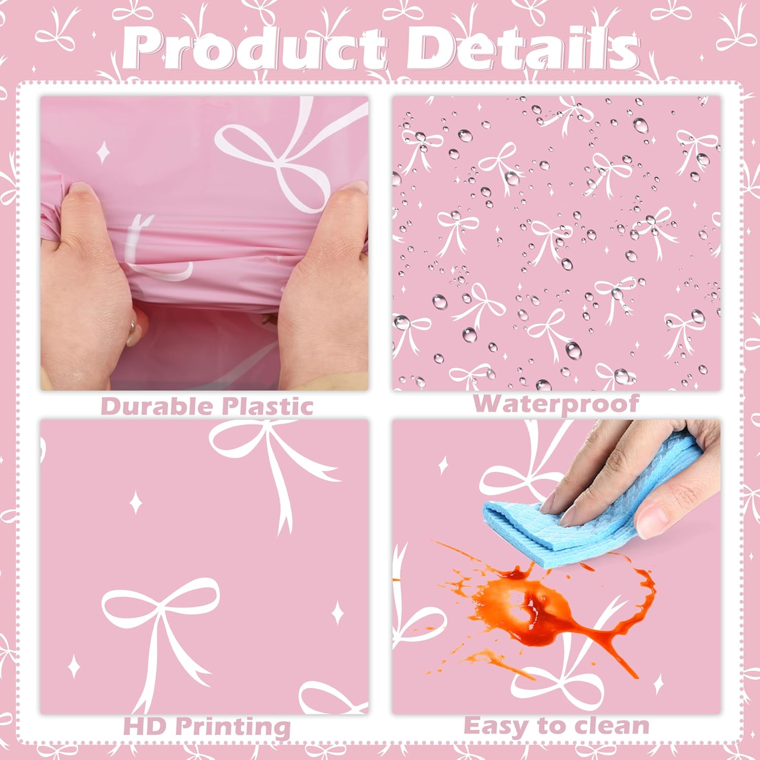 3 Pack Pink Bow Tablecloths for Birthday Parties