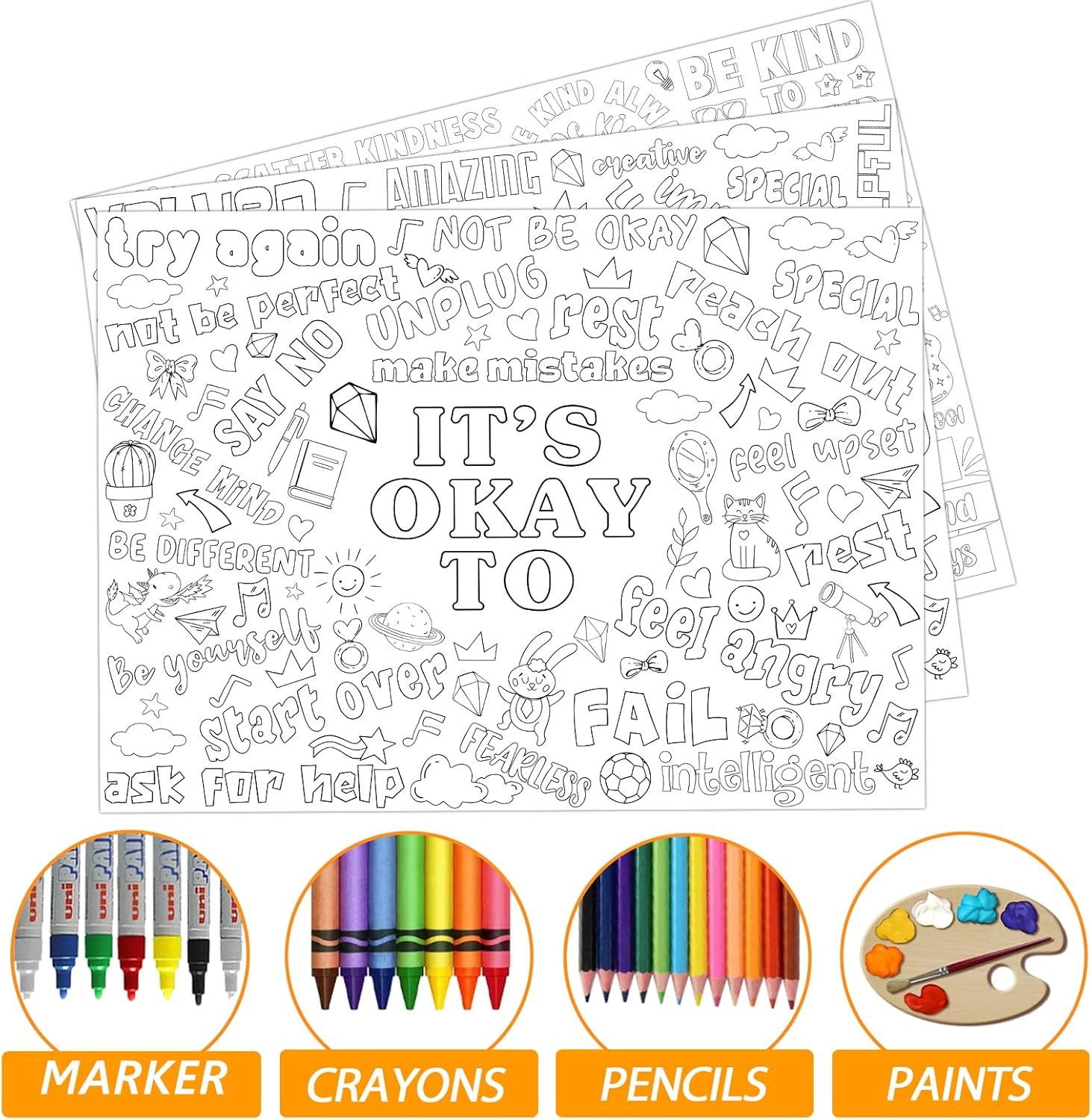 Set of 3 Giant Coloring Tablecloths with I Am Its Okay To Be Kind Theme