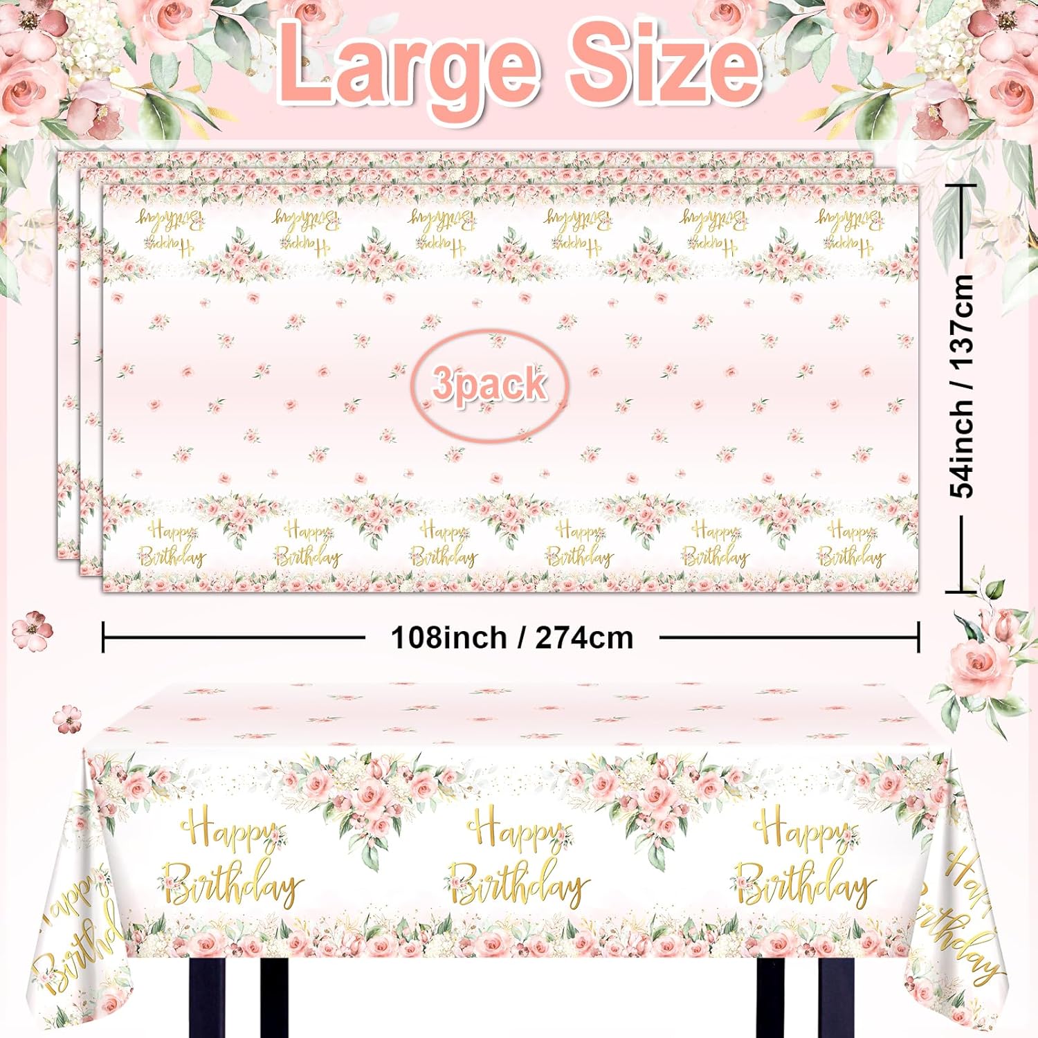 Avezano 3 Pcs Rose Gold Birthday Tablecloths for Girls Women Parties