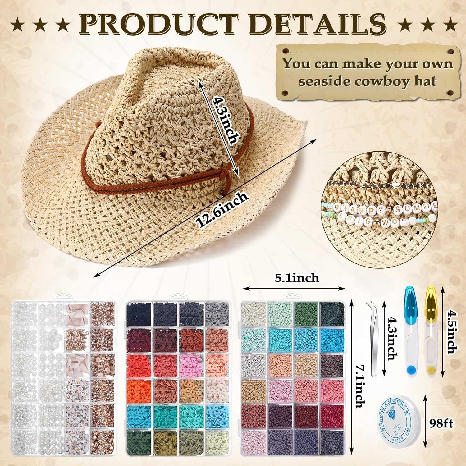 Hercicy 6 Set Coastal Cowgirl Hat DIY with Beaded Kit