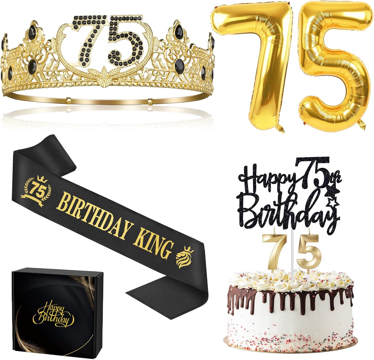 75th Birthday Party Decor for Men with King Crown Sash Balloons Cake Topper Candles