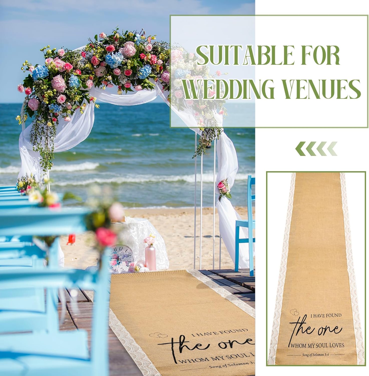 Tondiamo 40 Inch x 15 Ft Burlap Wedding Aisle Runner with Lace