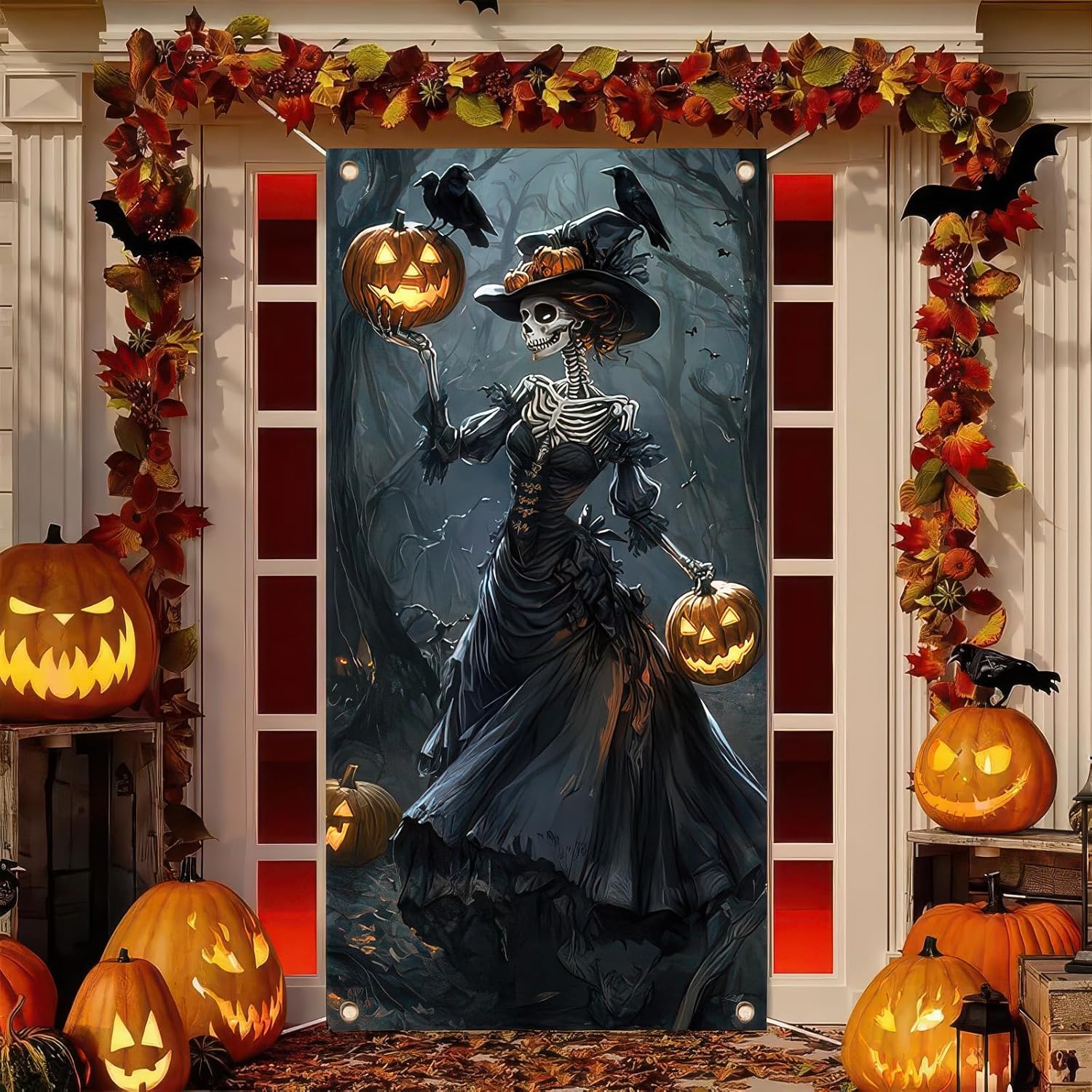 Skeleton Witch Halloween Door Cover 35x71 Inch