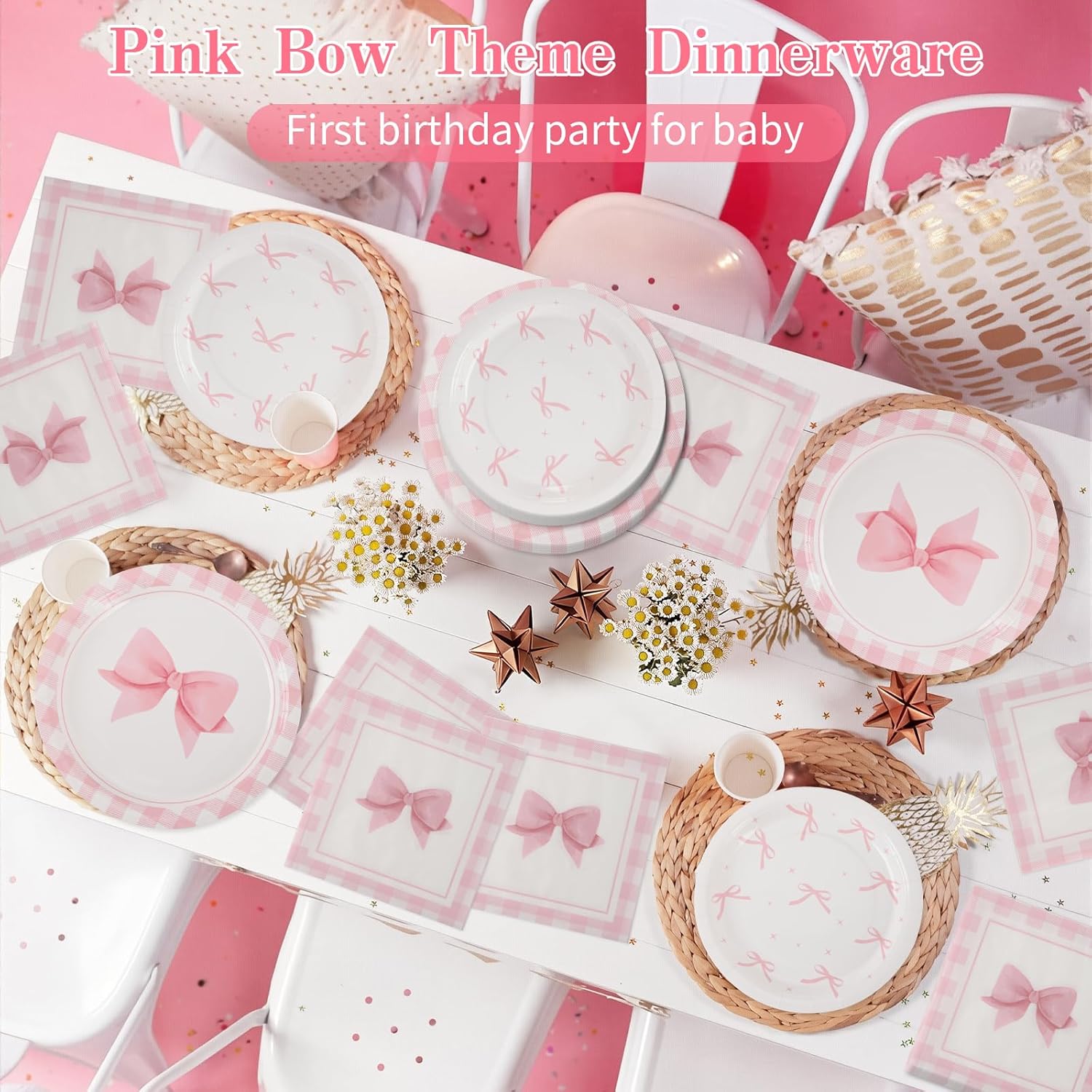 60PCS Pink Bow Party Supplies Set for 20 Guests