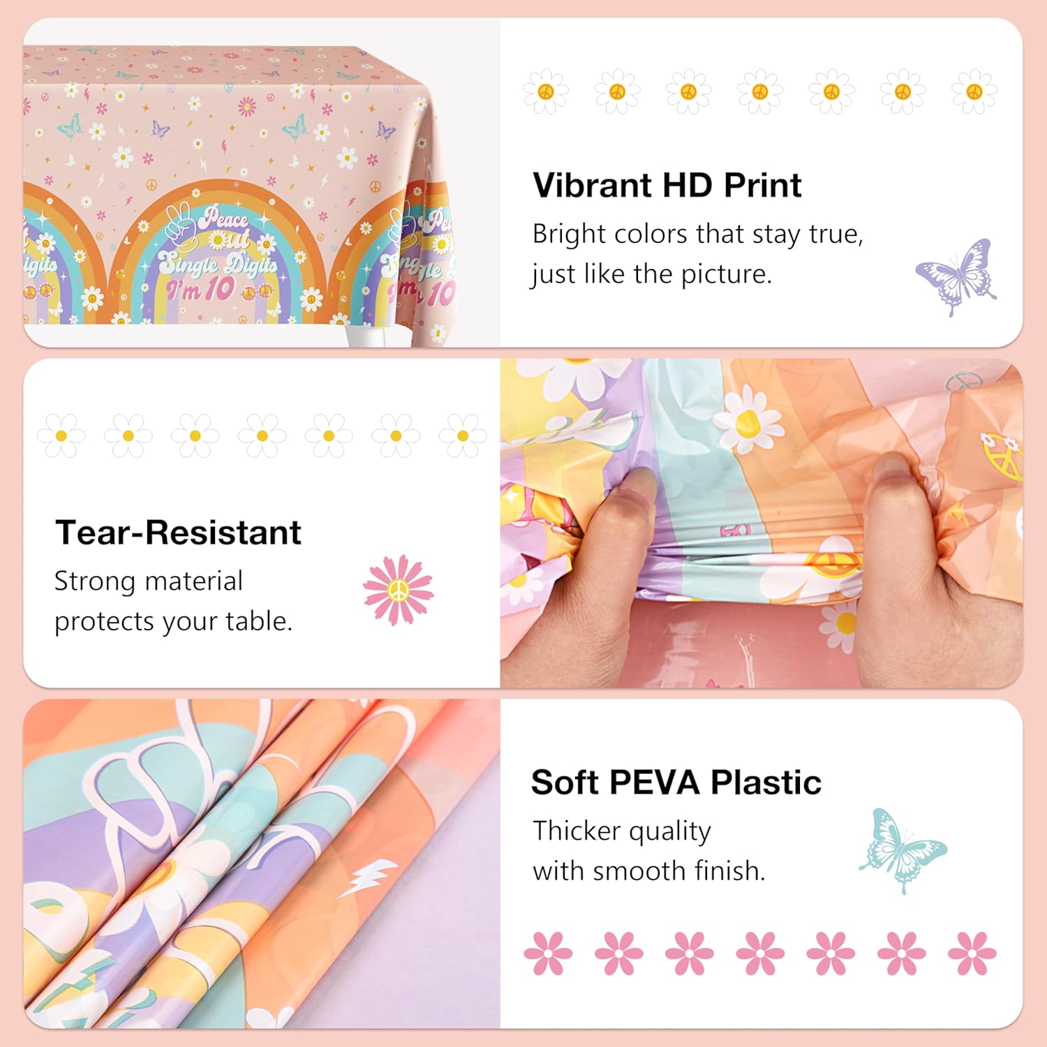 10th Birthday Tablecloths 3-Pack Peace Out Single Digits Decor