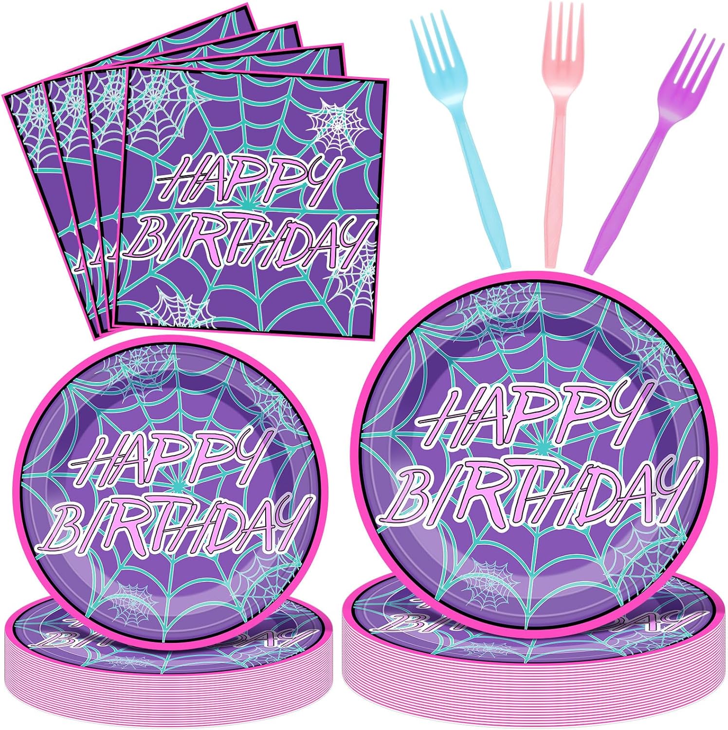 Purple Spiderweb Party Tableware Set 96 Pcs