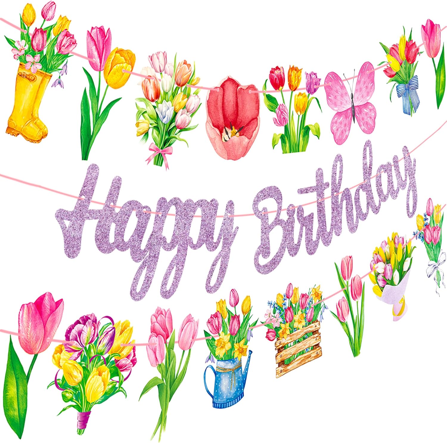 Tulip Birthday Banners 3Pcs Spring Floral Decorations