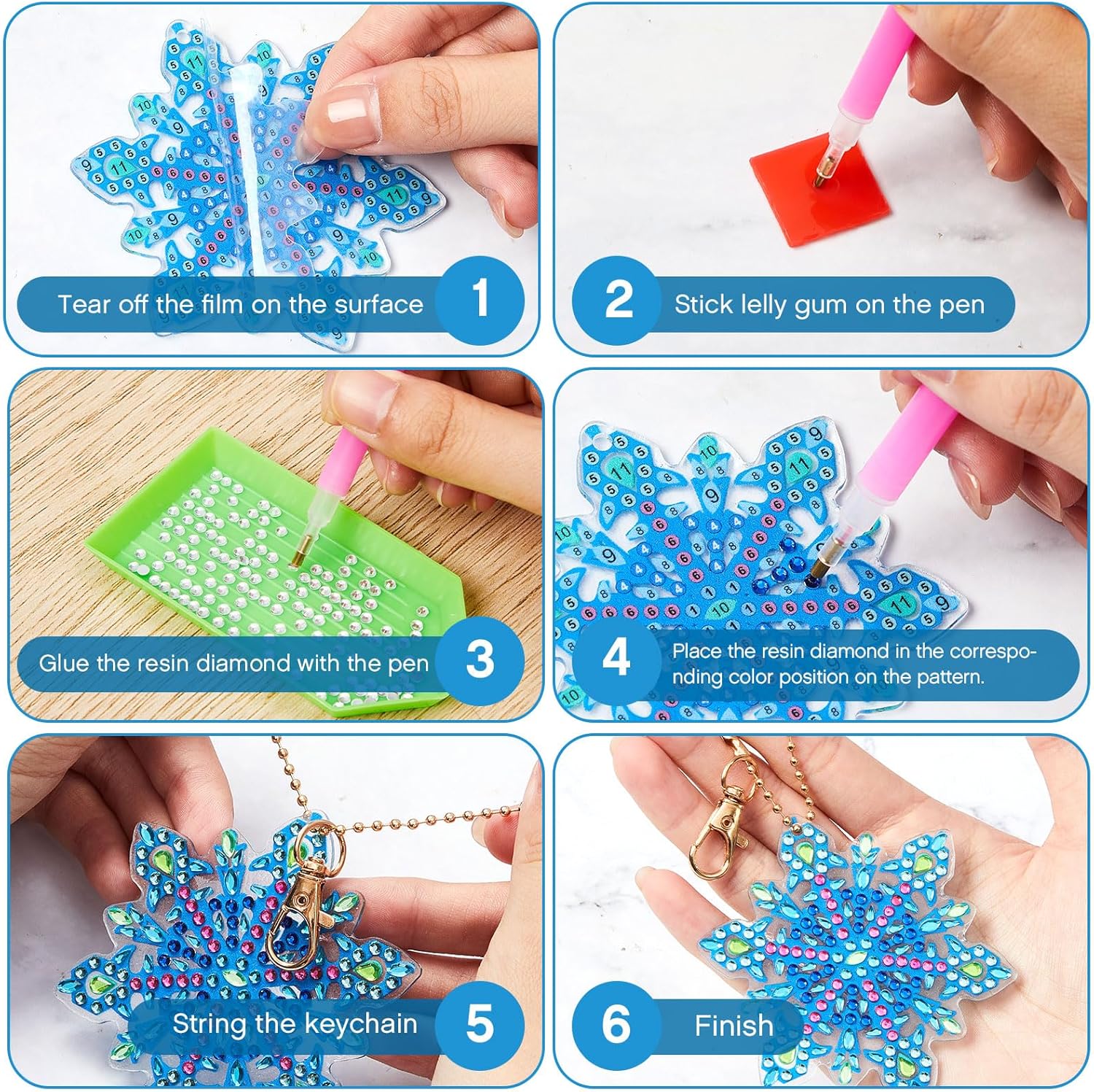 Equsion 50 Pcs Winter Snowflake Diamond Painting Keychains Kit