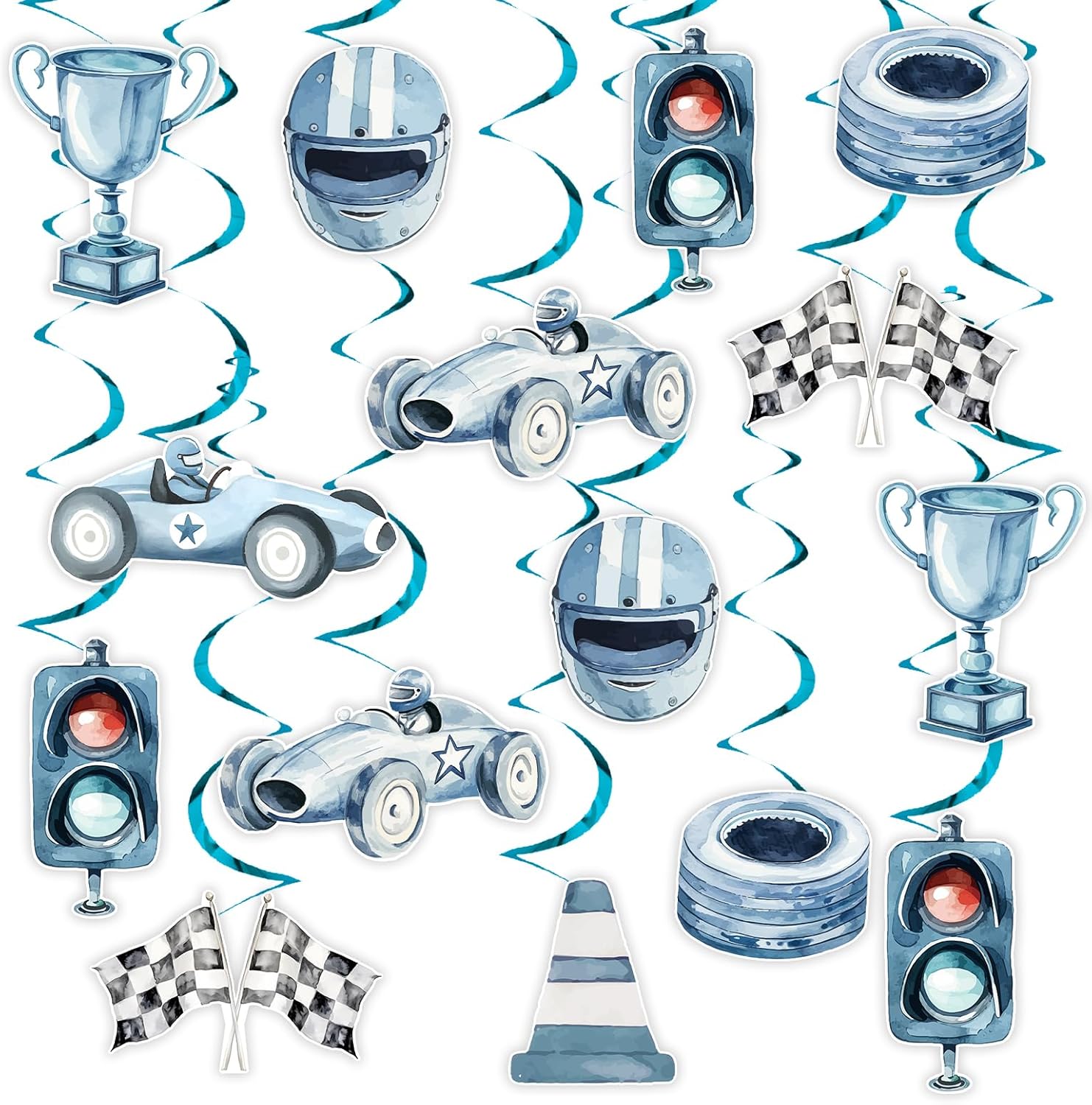 Funmemoir Blue Race Car Streamers - 24 Piece Set with Double Sided Print