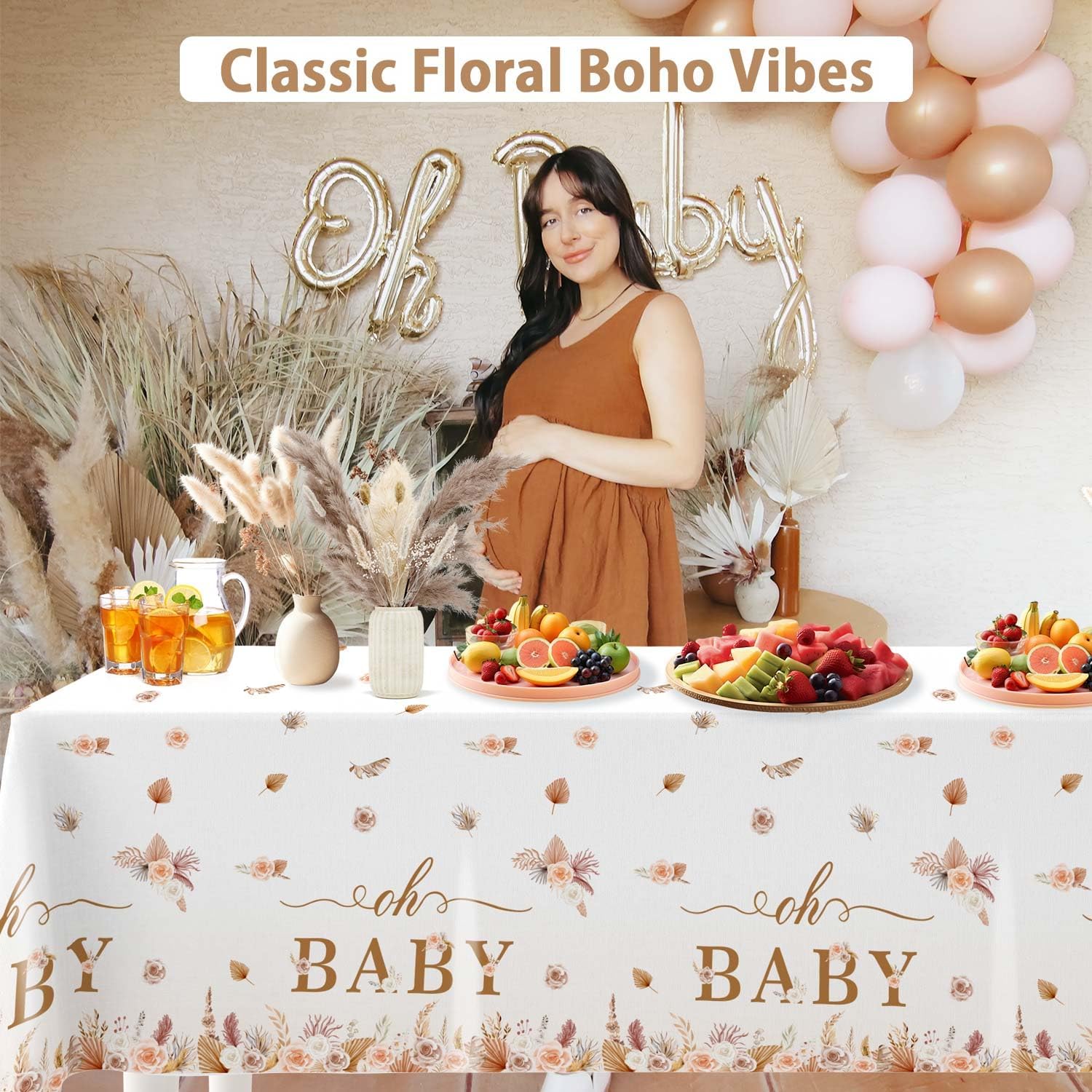 3Pcs Boho Baby Shower Tablecloths Floral Oh Baby Set