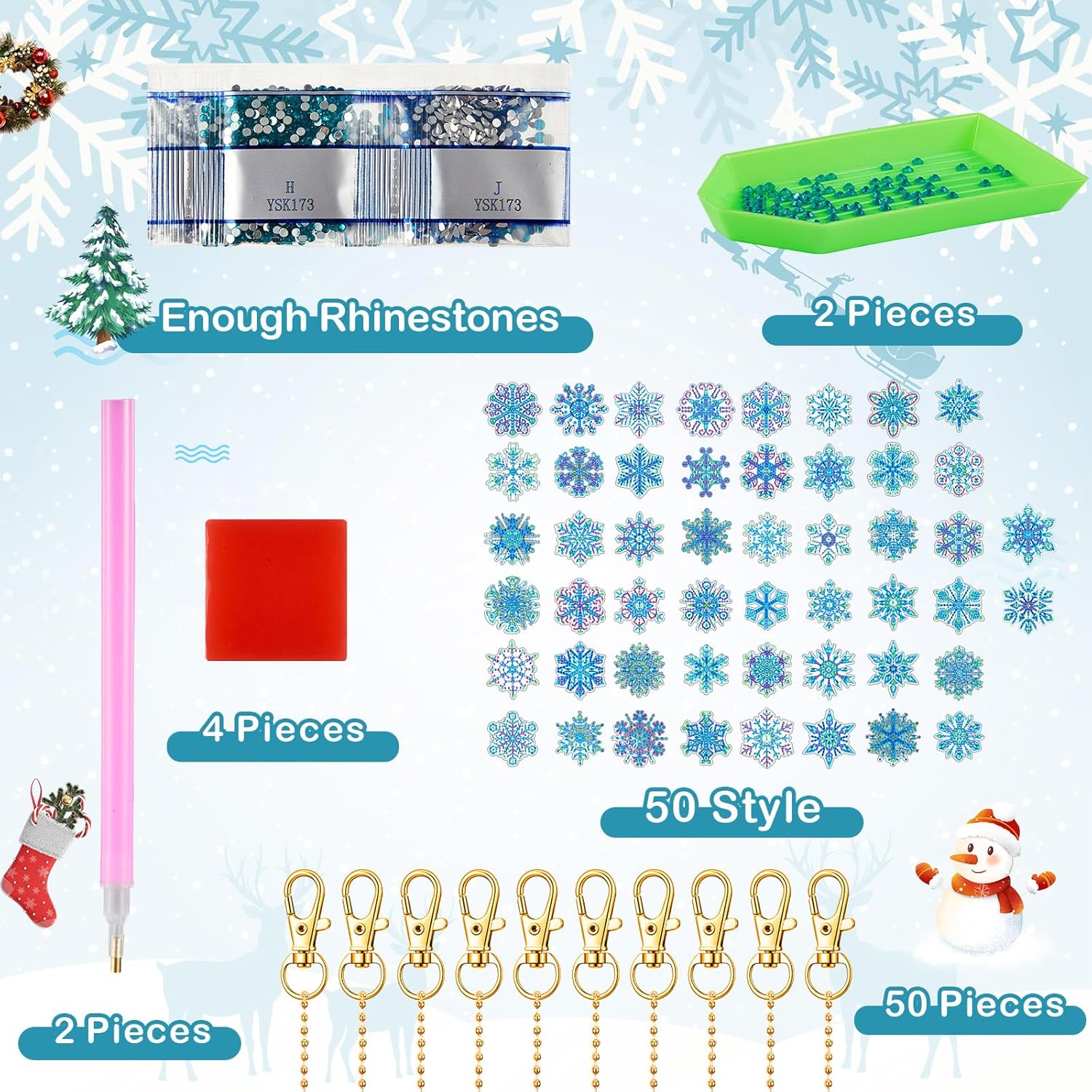 Equsion 50 Pcs Winter Snowflake Diamond Painting Keychains Kit