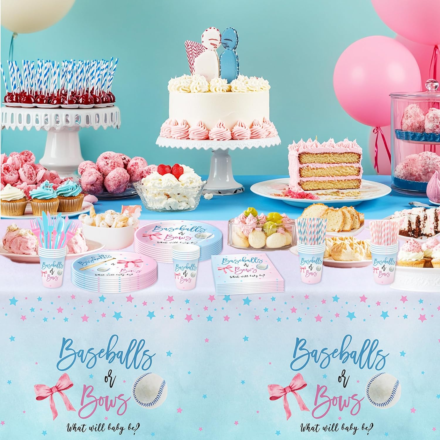 Baseball or Bows Gender Reveal Tablecloth 3 Pack 55in x 86in
