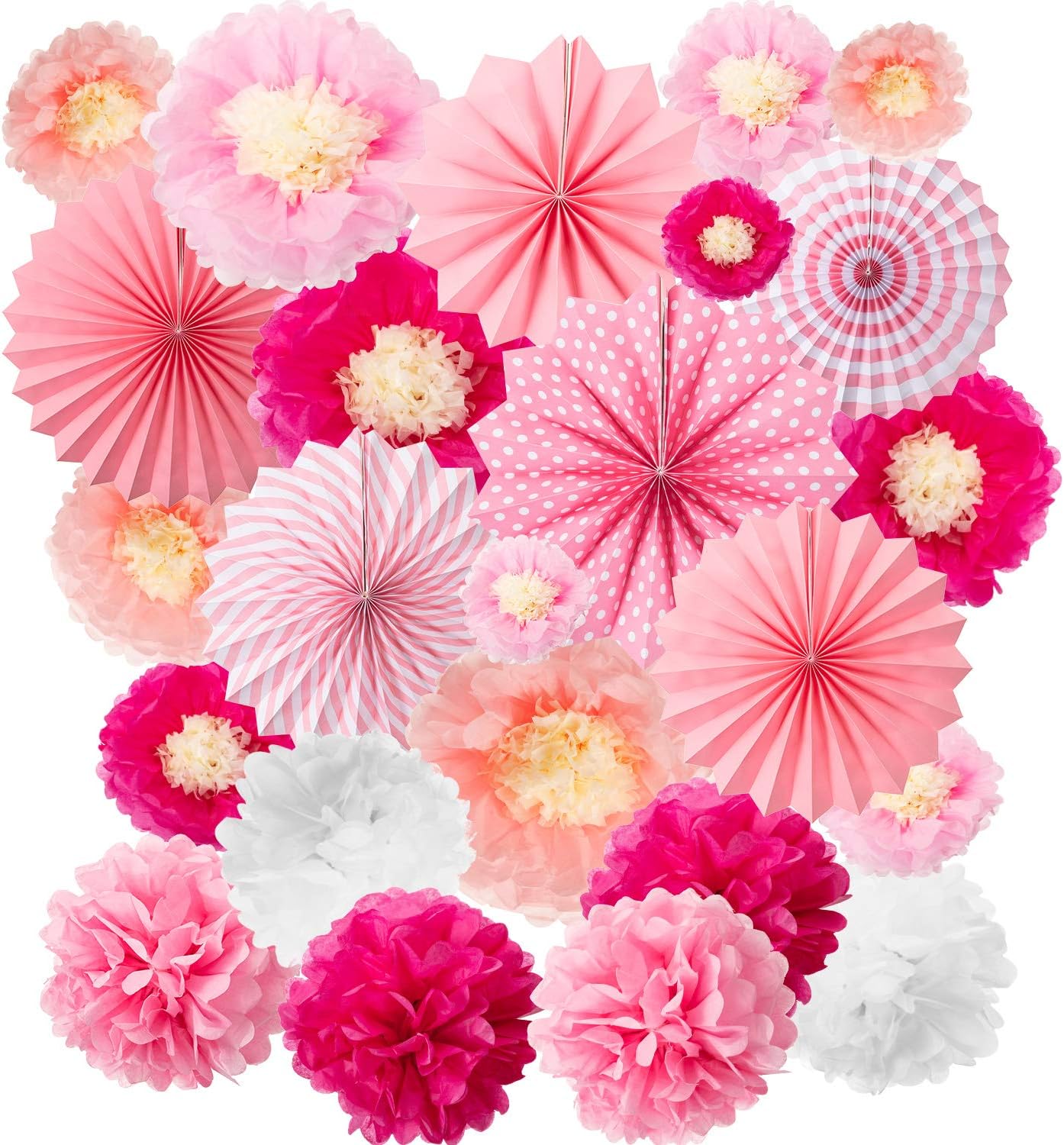 WILLBOND 24 Pcs Paper Fans Decoration Set Rose Pink