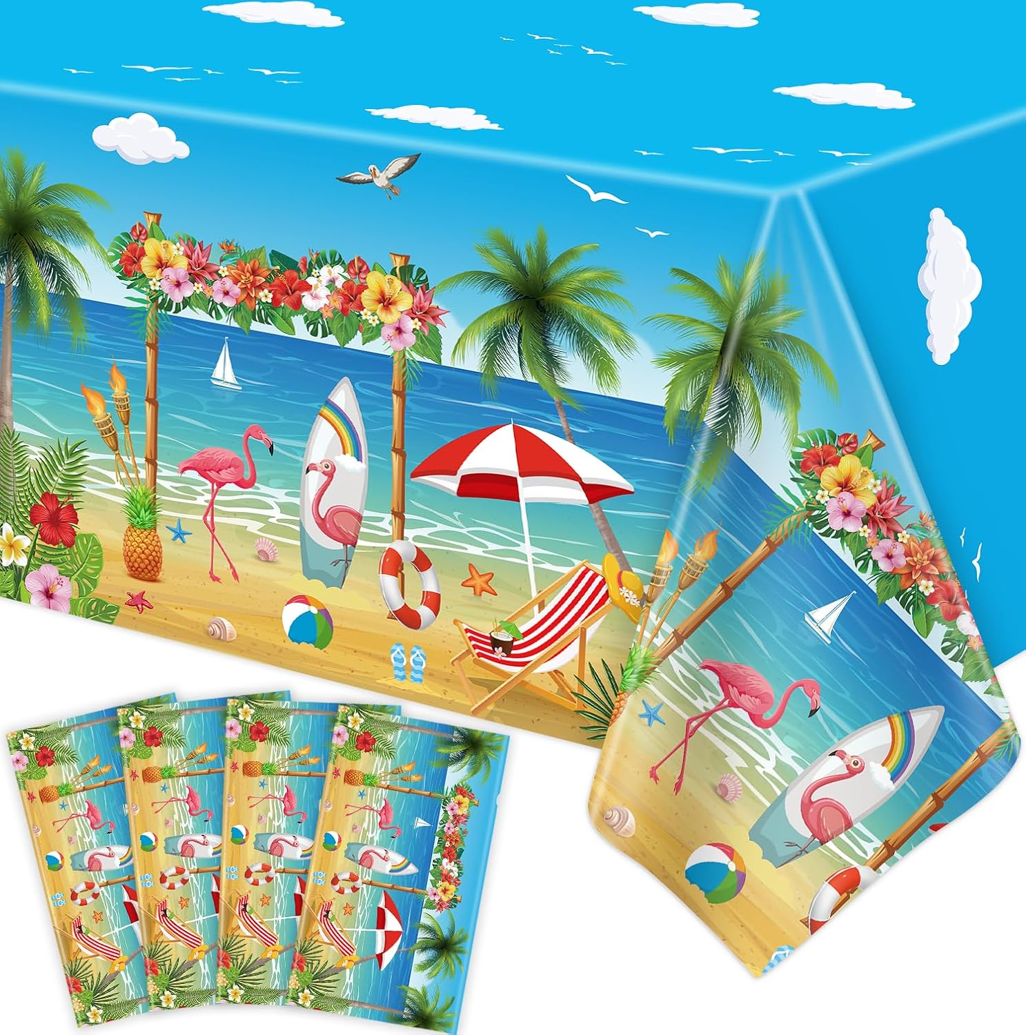 4 Pack Beach Party Tablecloths with Flamingo Surfboard Design