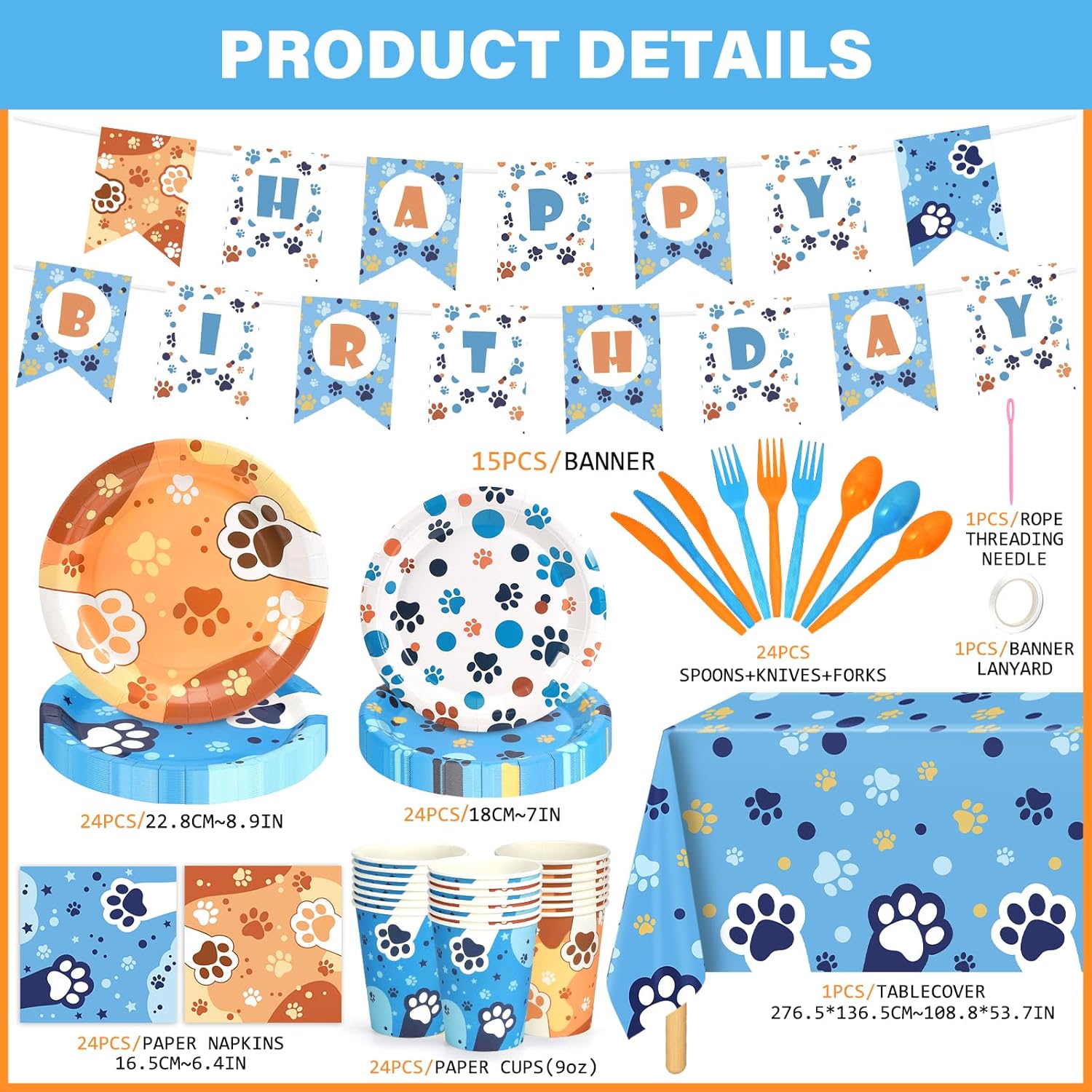 170 PCS Dog Paw Print Birthday Party Set for 24 Guests