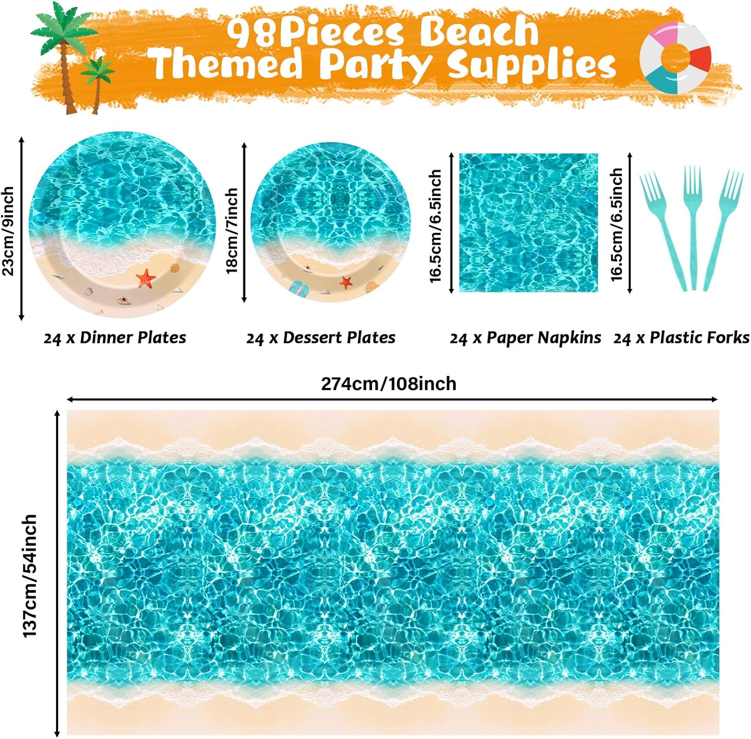 Summer Beach Party Supplies 98PCS Ocean Waves Tableware Set for 24 Guests