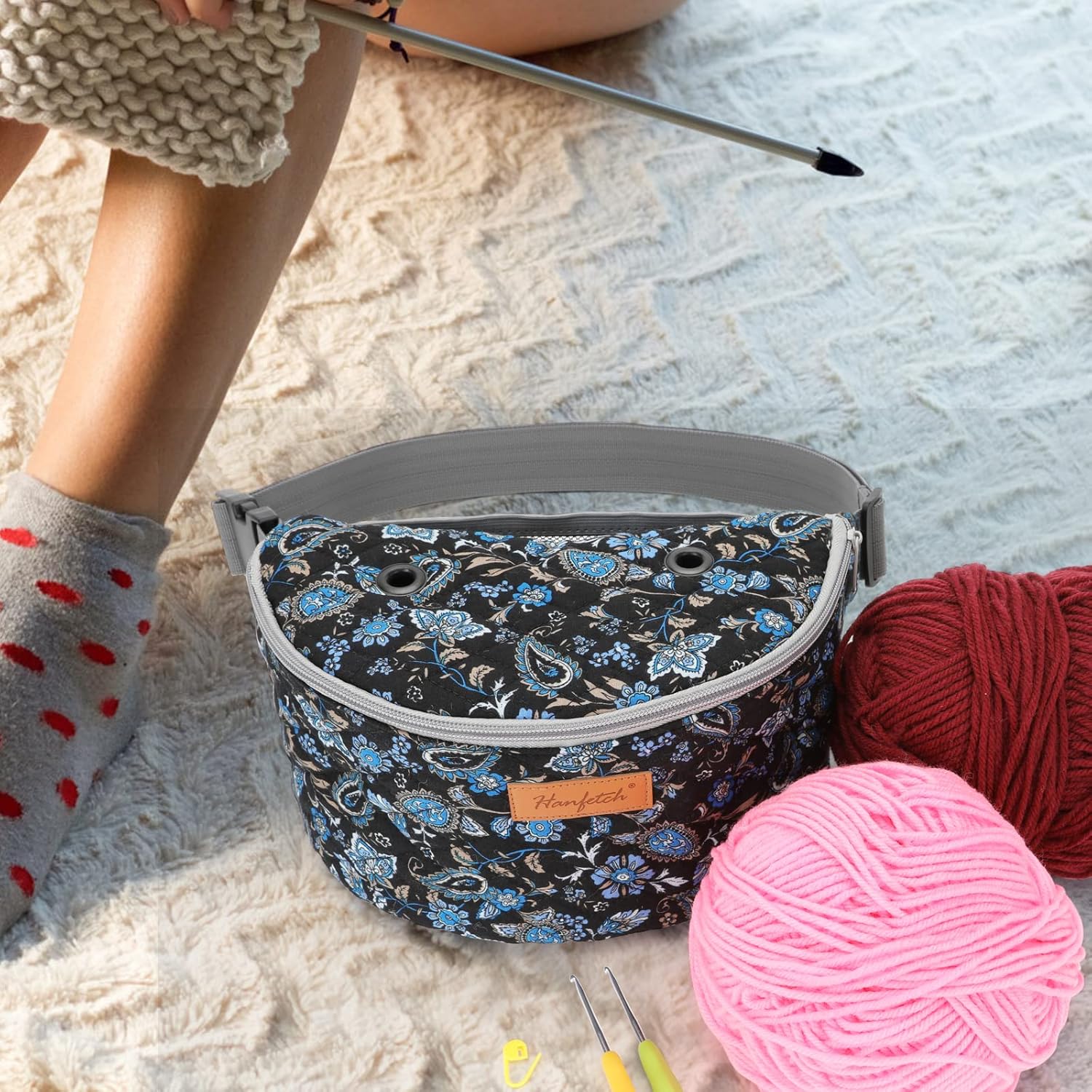 Hanfetch Yarn Crossbody Waist Bag Organizer for Crochet Hooks and Yarn Skeins