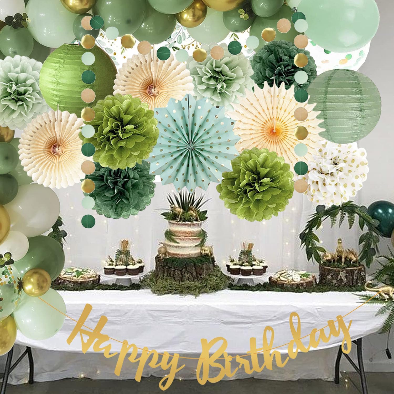 Olive Sage Green Birthday Party Decor Tissue Pom Poms Fans Lanterns