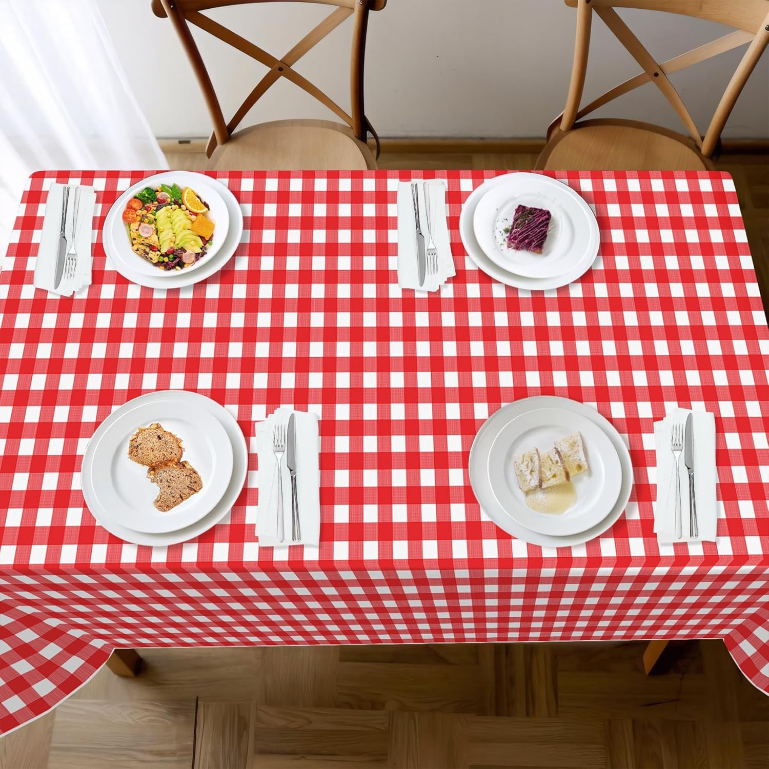 Childom 3 Pack Red White Checkered Tablecloths 54x108 Inches Disposable Plastic for Events and Parties
