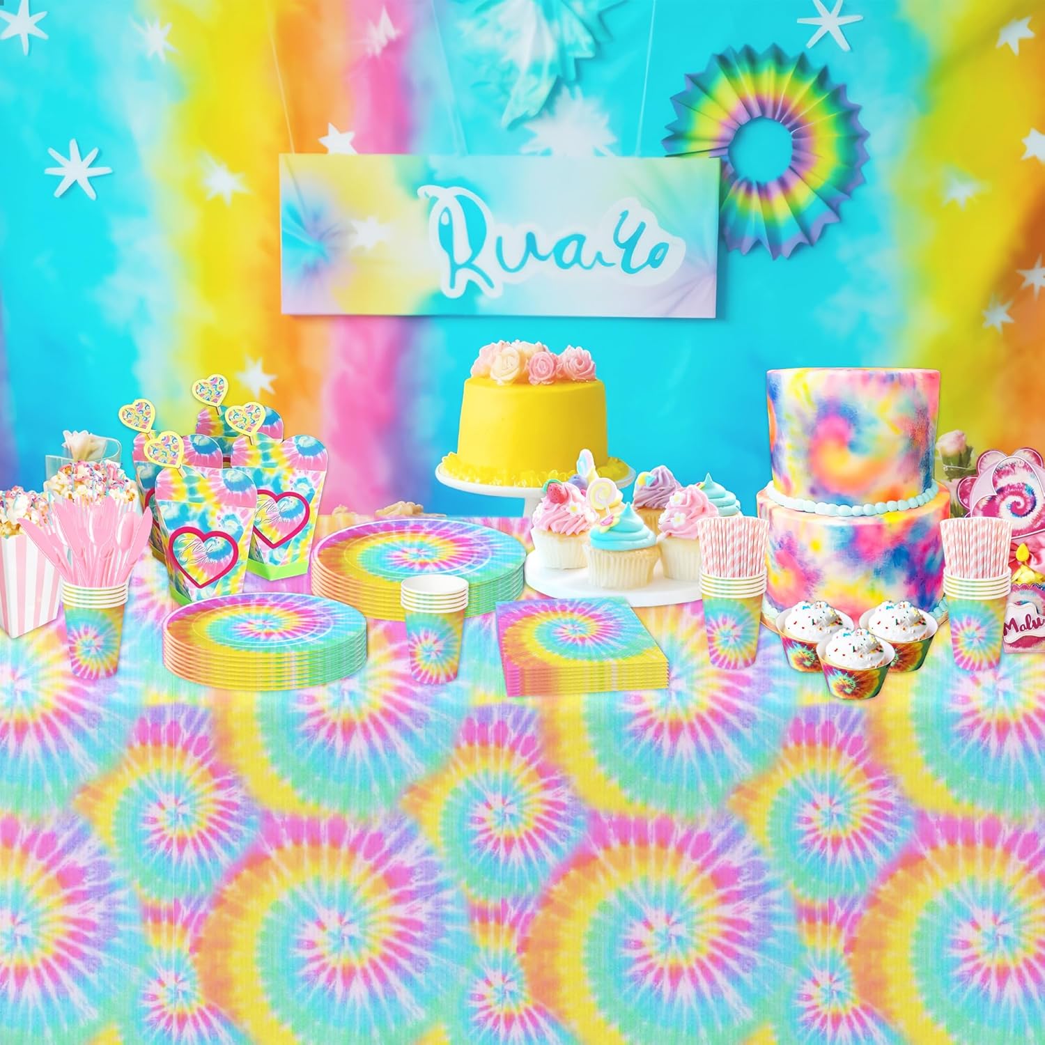 Tie Dye Tablecloth Set - 3 Pack for Birthday Parties