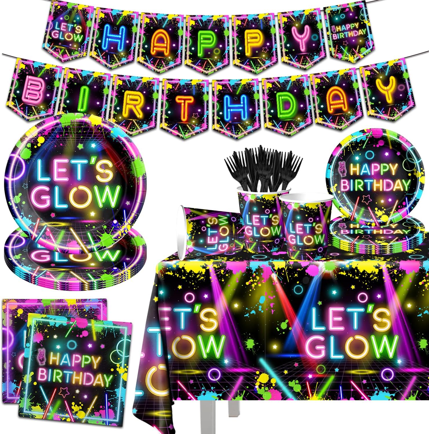 Neon Party Decor Set with 142 Pieces of Themed Tableware