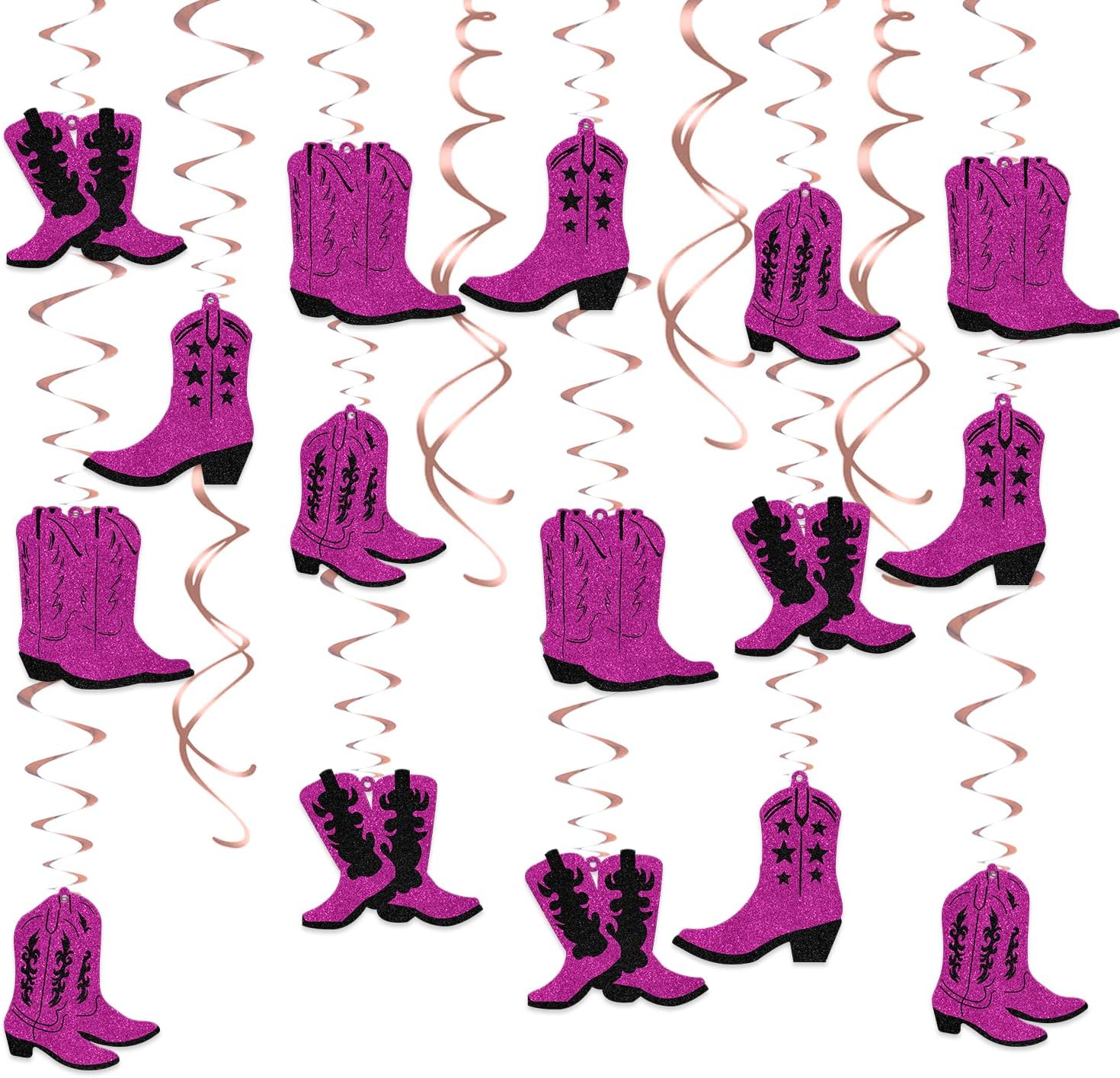 16Pcs Cowgirl Boots Streamers Western Party Decorations Double-Sided Black Rose Red Glitter