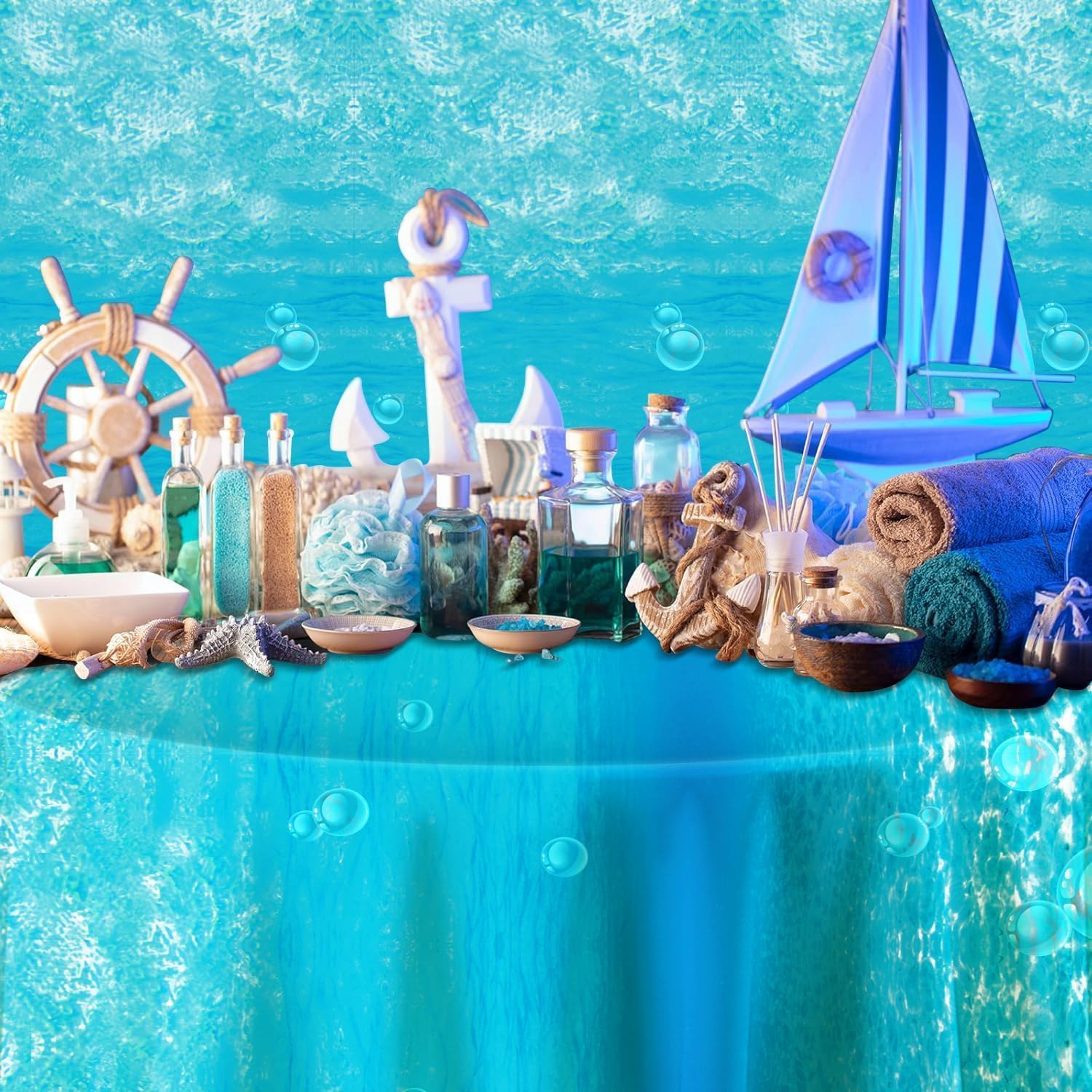 FULJOOY 1200x54 Inch Ocean Themed Table Cover with Slide Cutter Box