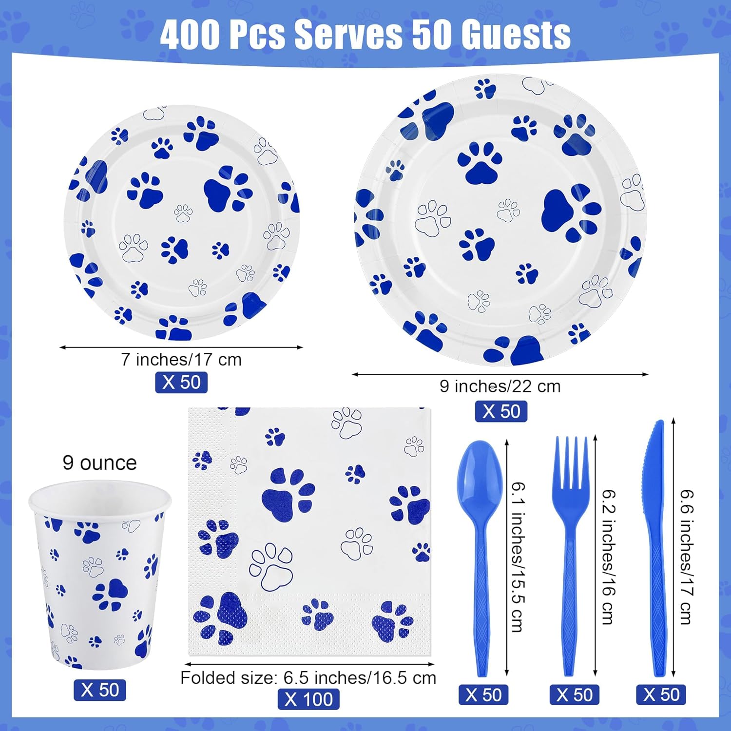 400 Piece Blue Paw Disposable Party Set for Puppies
