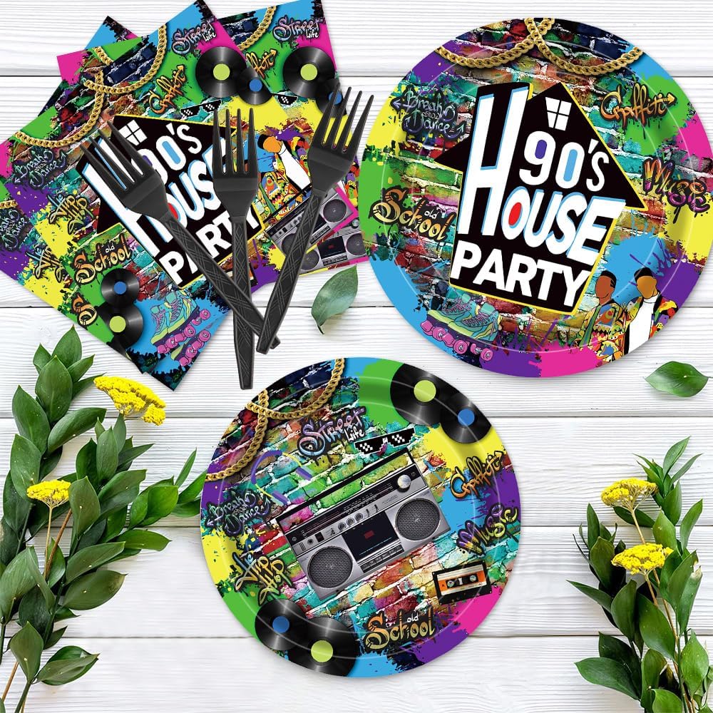 90s House Party Tableware Set 96 Pcs Retro Graffiti Disposable Plates Napkins Forks for 24 Guests