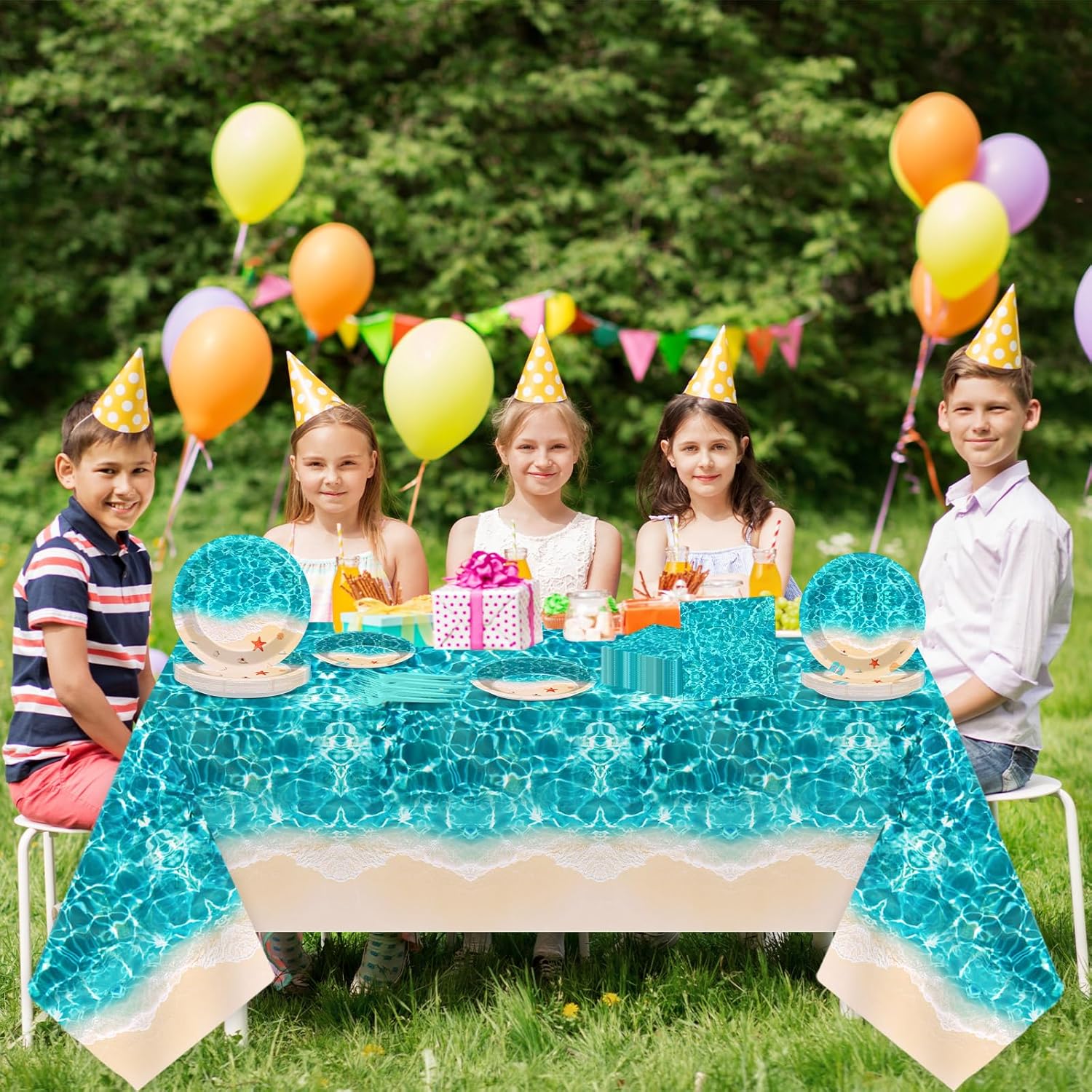 Summer Beach Party Supplies 98PCS Ocean Waves Tableware Set for 24 Guests