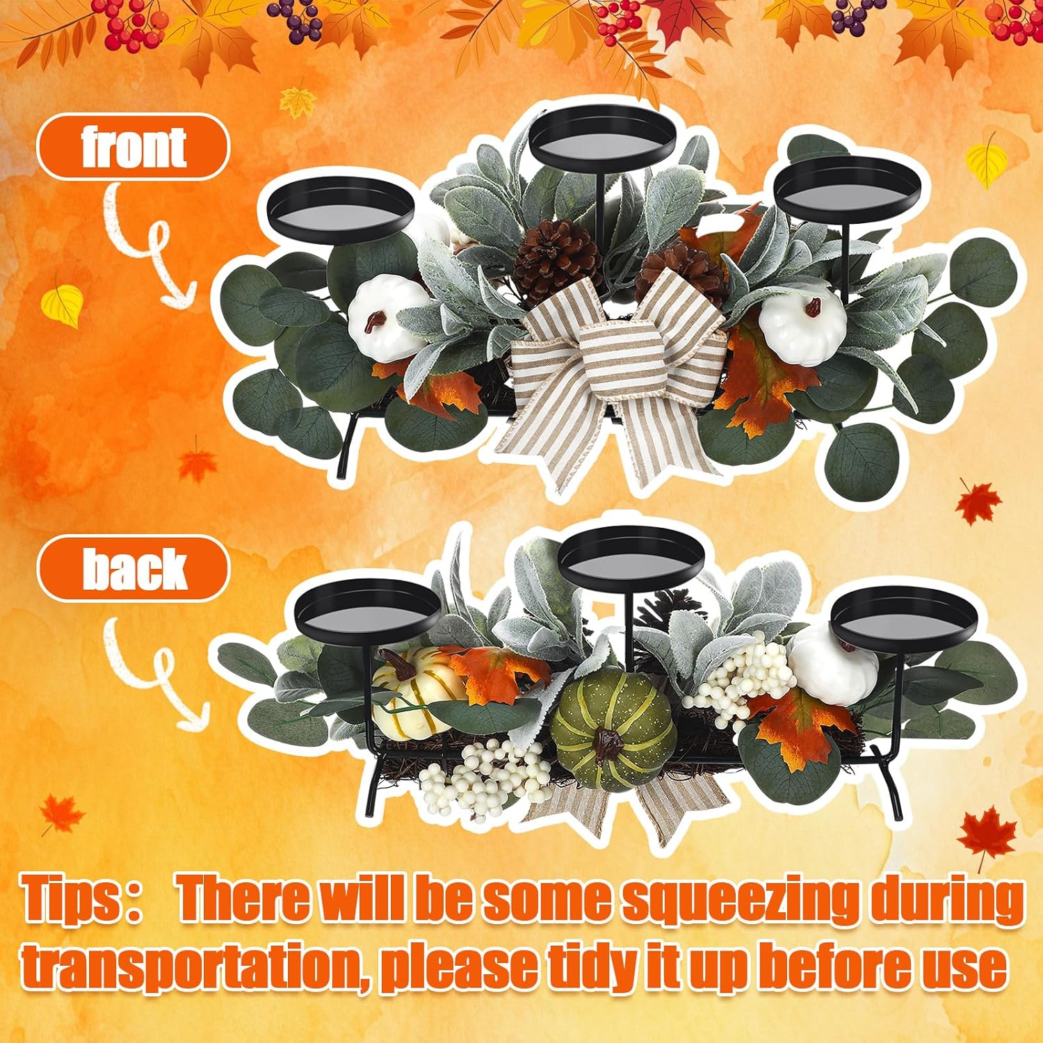 Thanksgiving Candle Centerpieces with 3 Holders Fall Decor