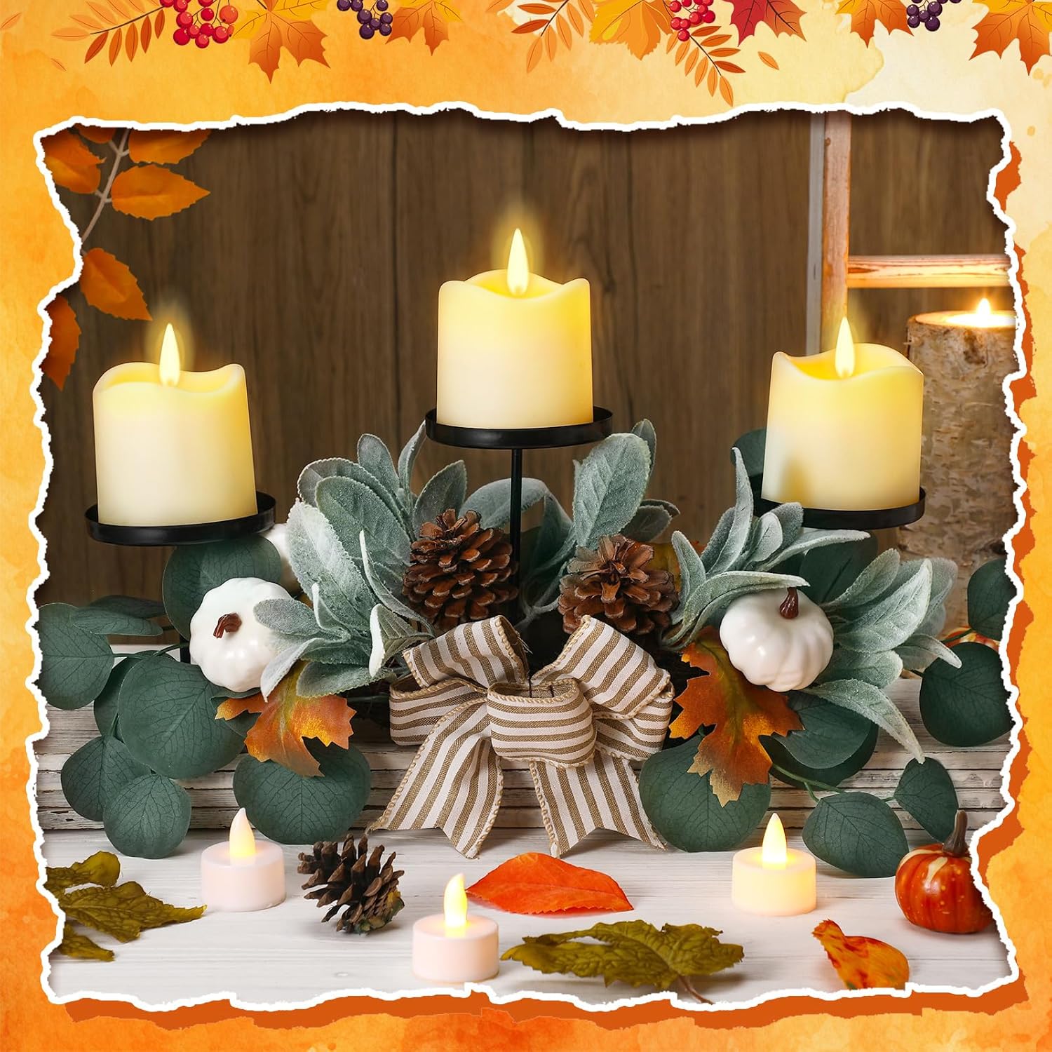 Thanksgiving Candle Centerpieces with 3 Holders Fall Decor