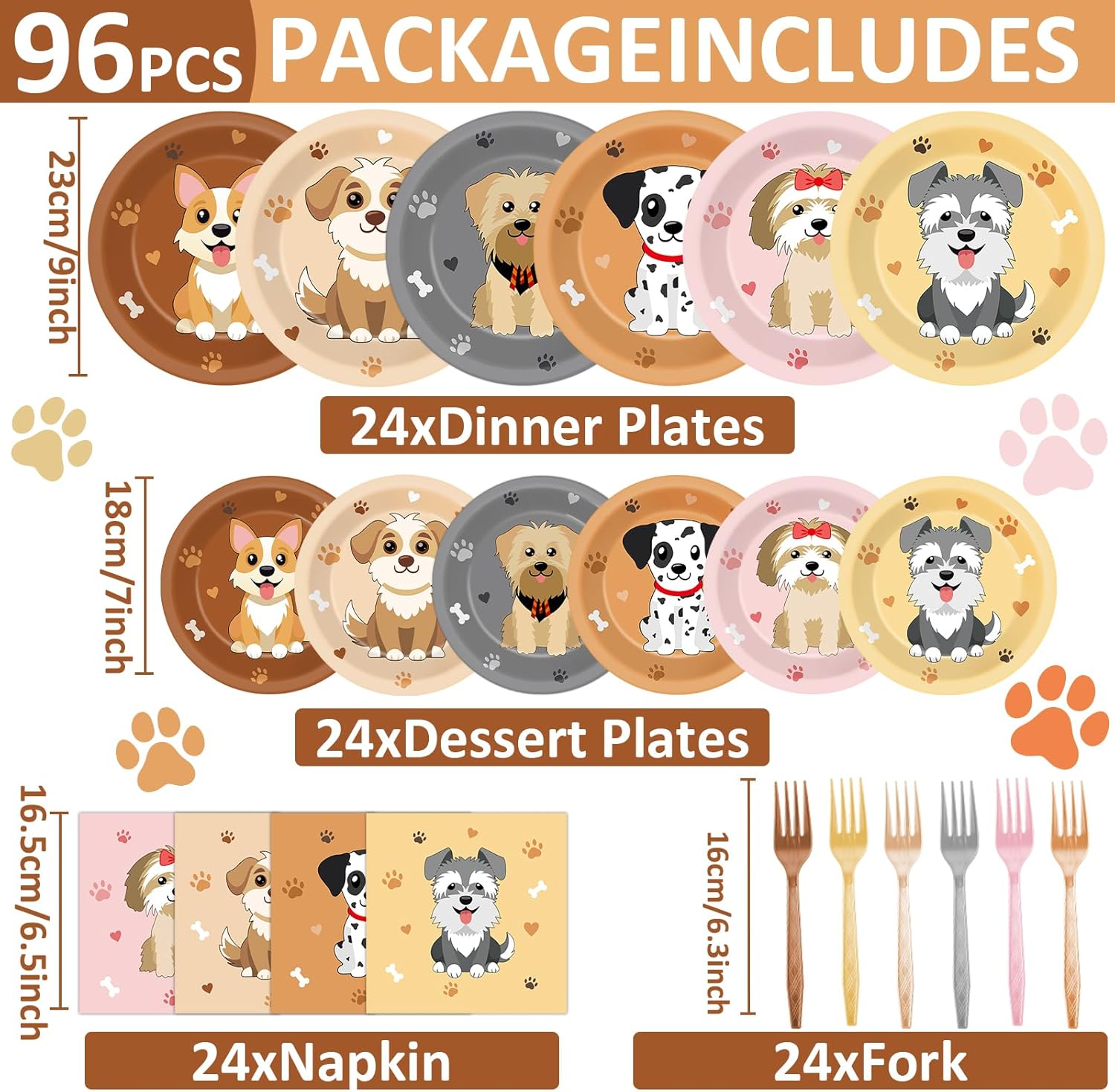 96Pcs Dog Party Supplies Puppy Themed Plates Napkins Forks