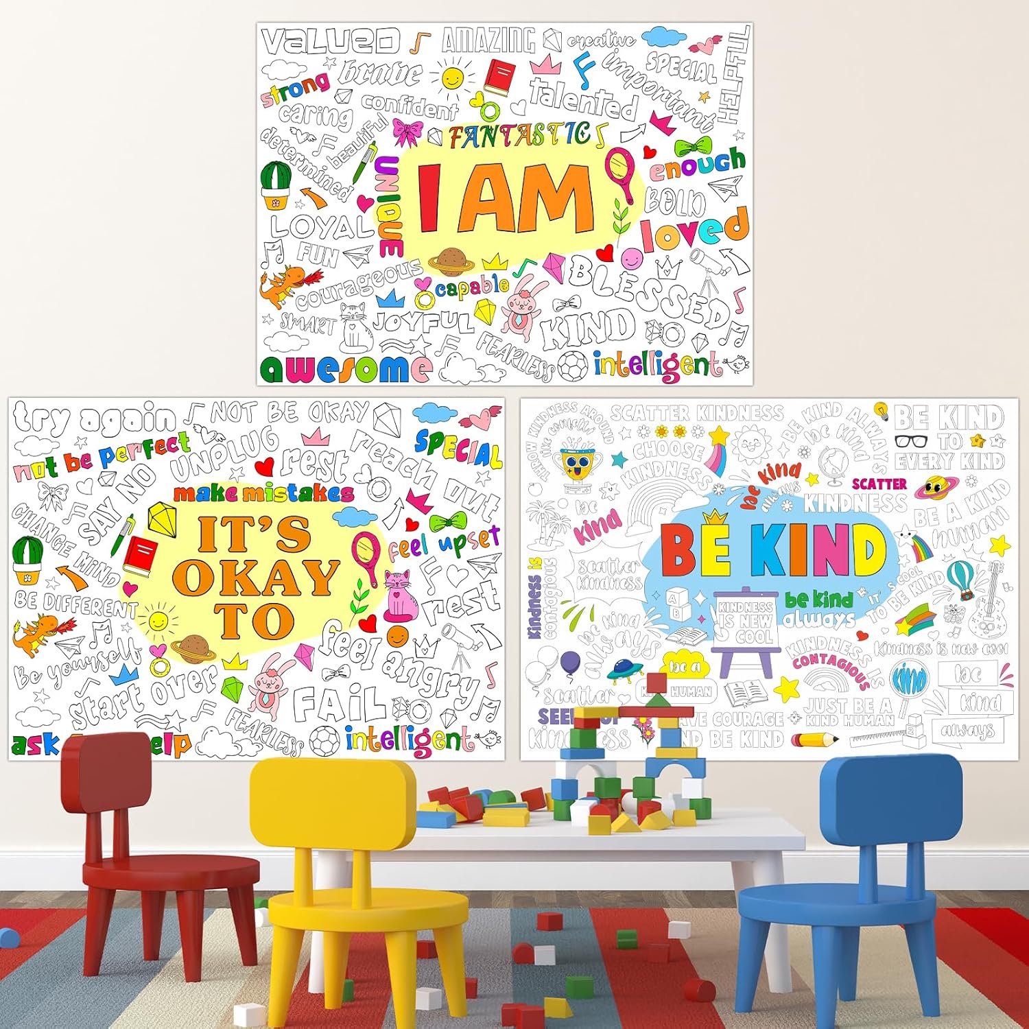 Set of 3 Giant Coloring Tablecloths with I Am Its Okay To Be Kind Theme