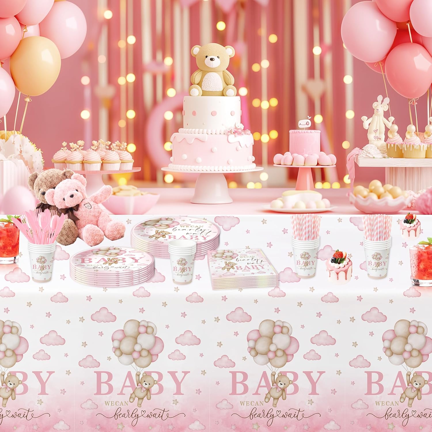 Pink Bear Baby Shower Tablecloths 3 Pack 54in x 108in