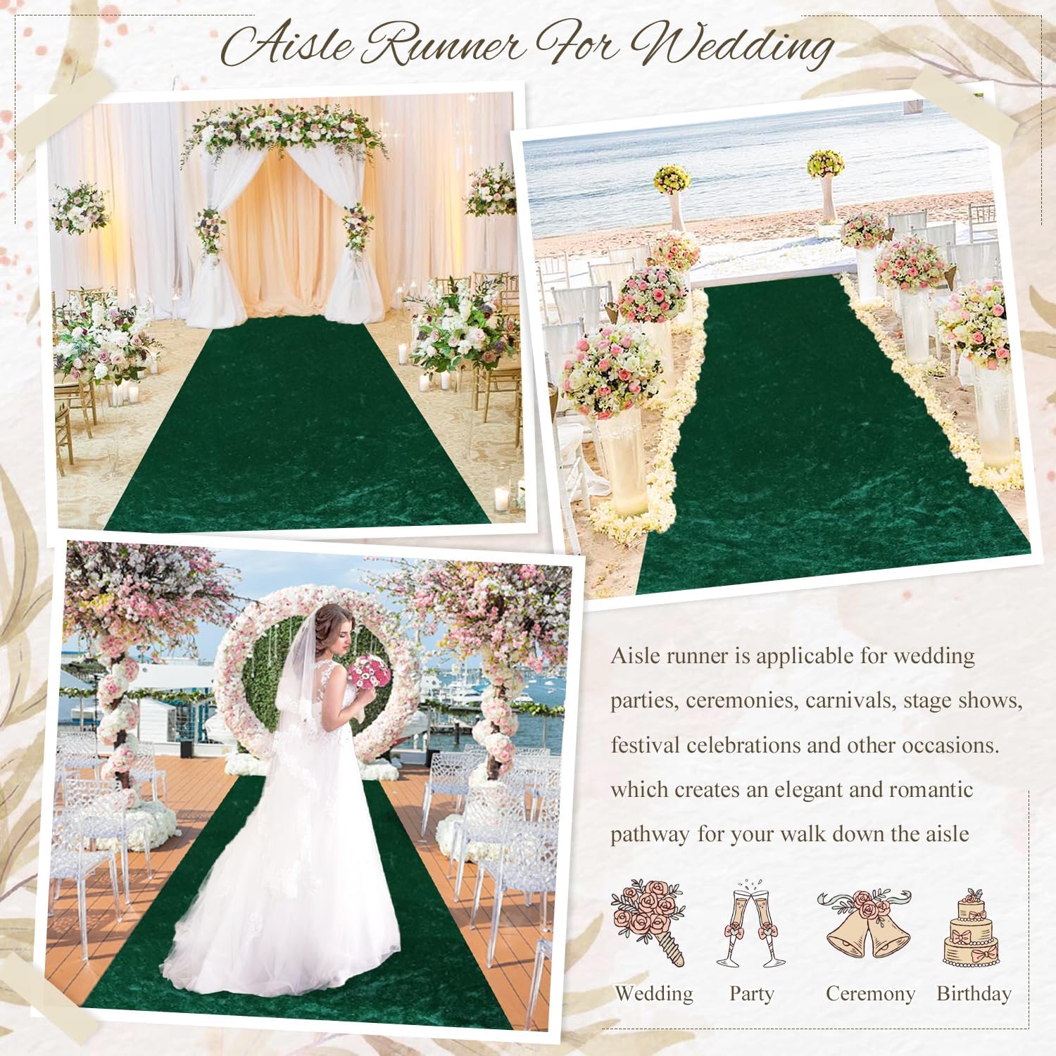 MODFUNS Emerald Green Aisle Runner Rug for Wedding Ceremony 4x15 FT