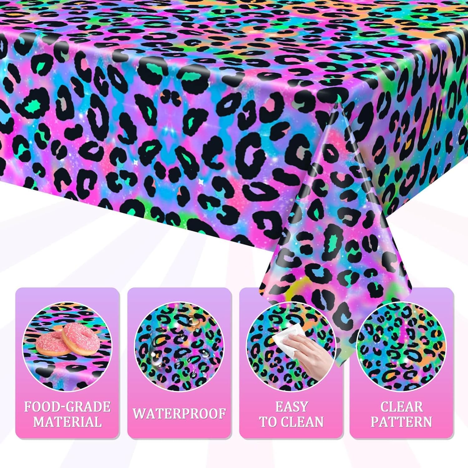 3 Pcs Neon Rainbow Leopard Tablecloth for Birthday Party Supplies