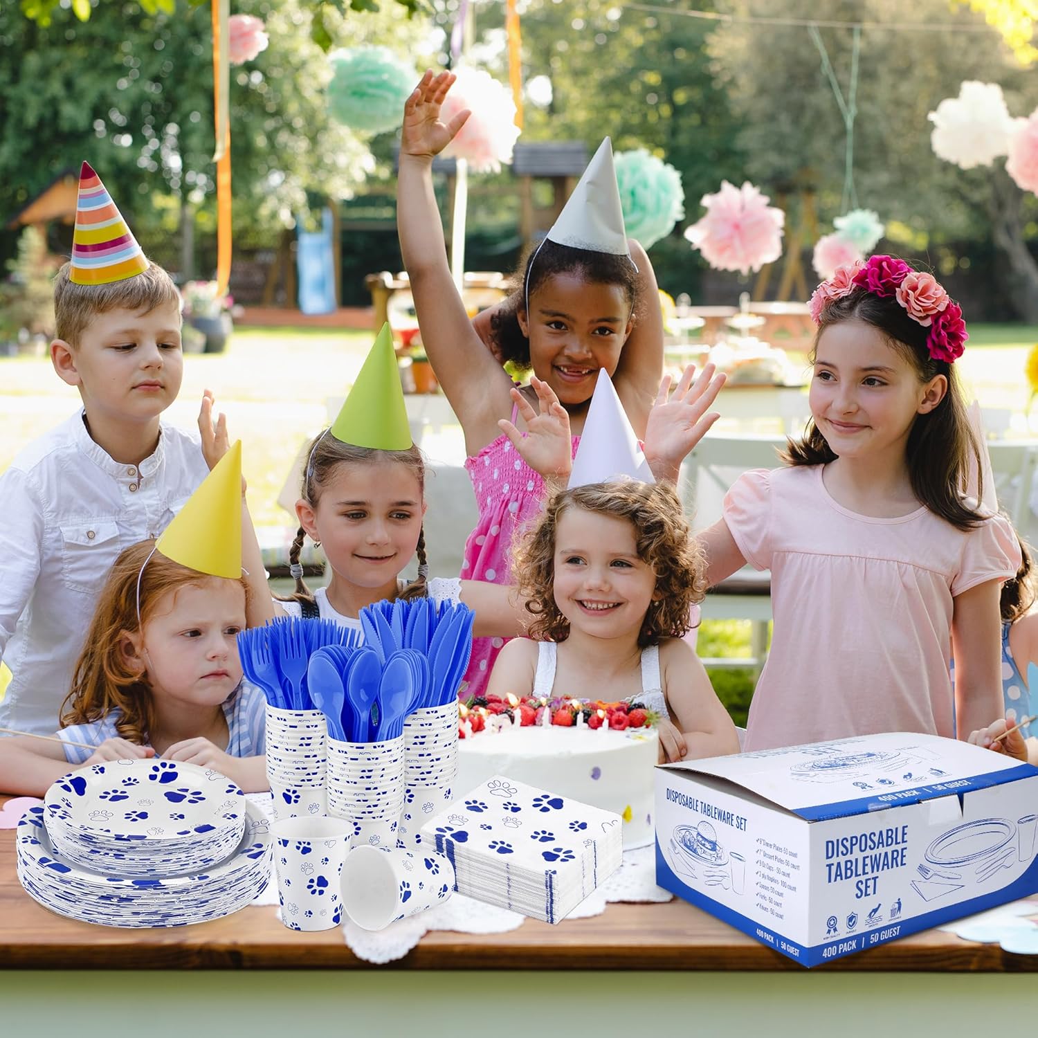 400 Piece Blue Paw Disposable Party Set for Puppies