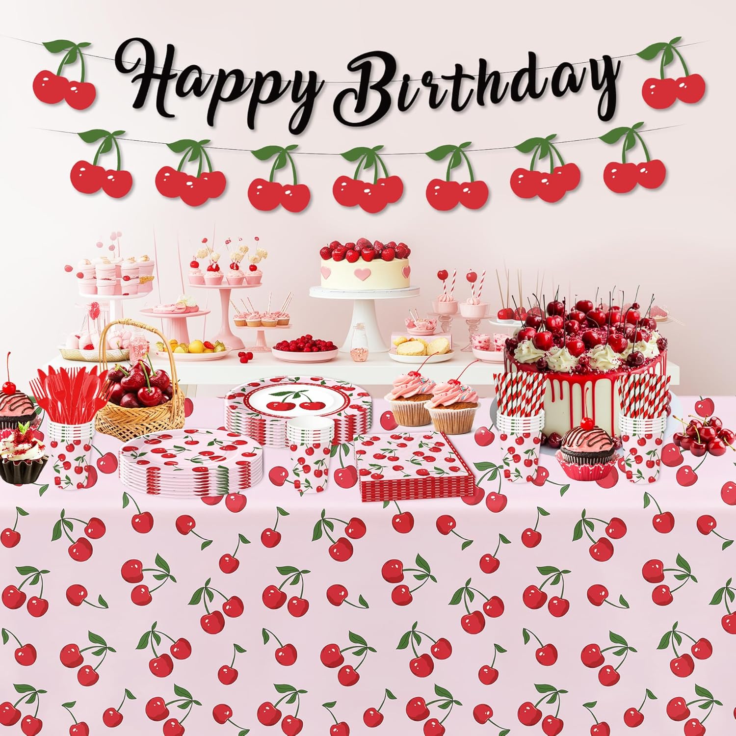 Cherry Birthday Decorations Tablecloth 3 Pack Disposable Fruit Theme Party Supplies for Celebrations