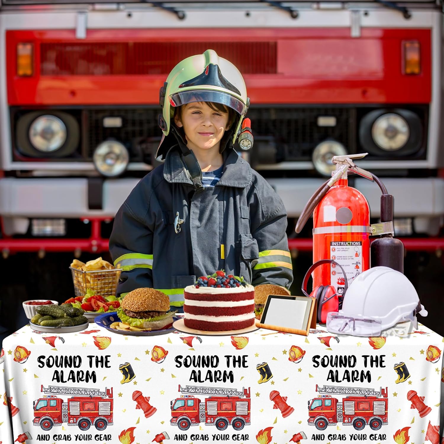 Fire Truck Birthday Tablecloth Set of 3 for 8 Foot Tables