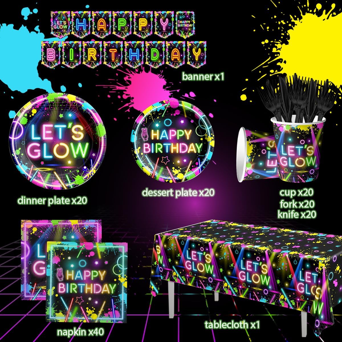Neon Party Decor Set with 142 Pieces of Themed Tableware