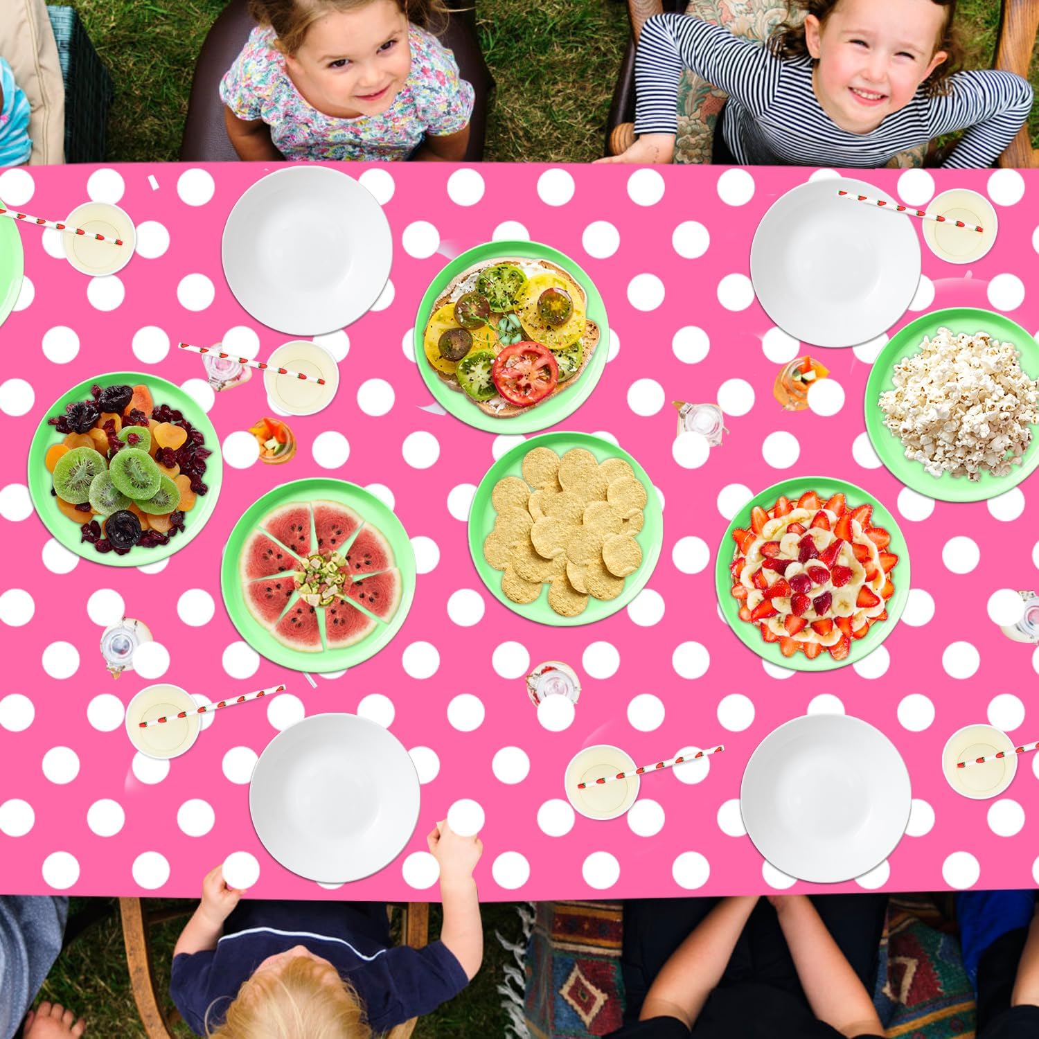 4 Pack Pink White Polka Dots Rectangular Tablecloths for Parties and Home Use