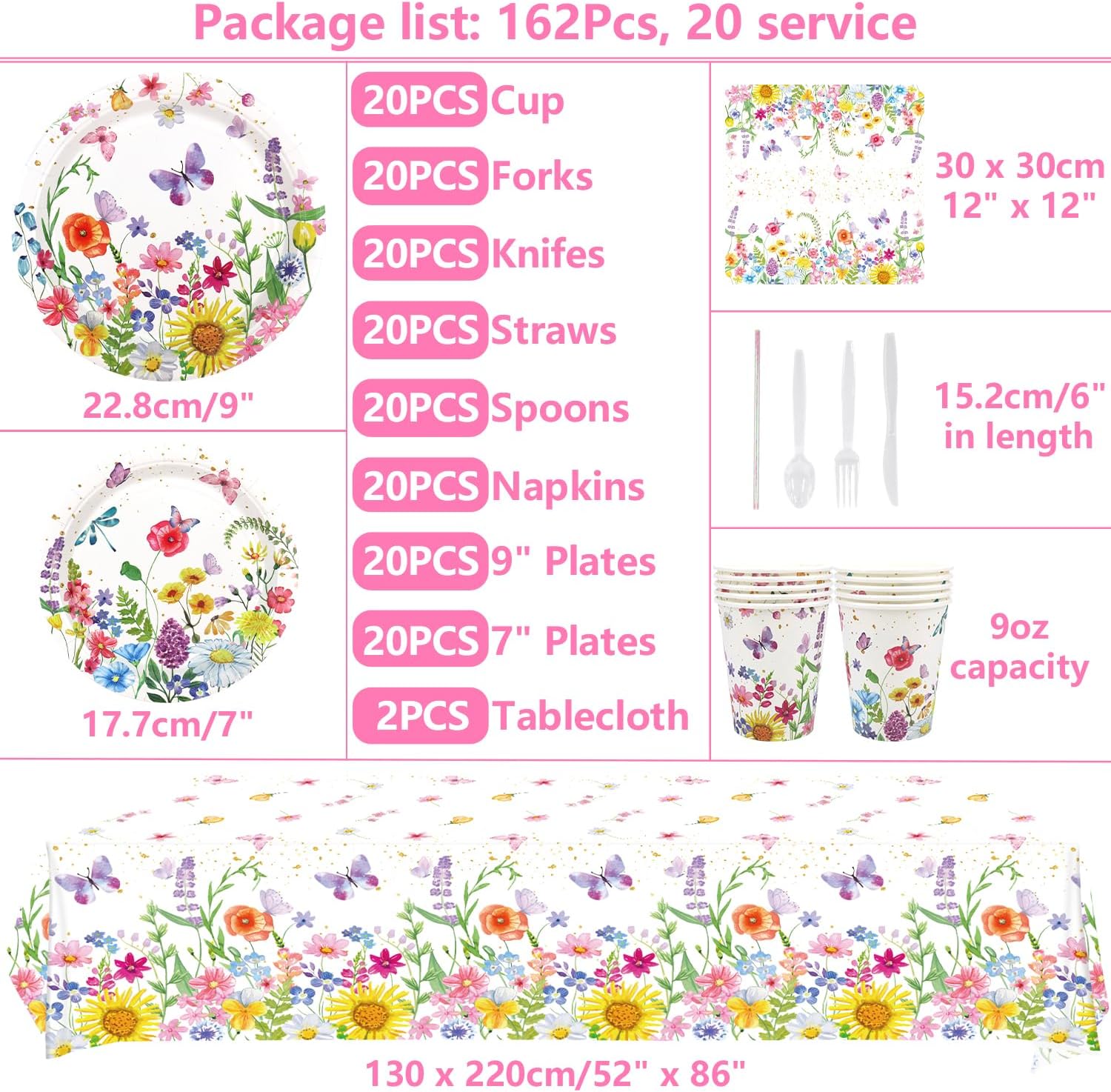Wildflower Party Tableware Set for 20 Guests