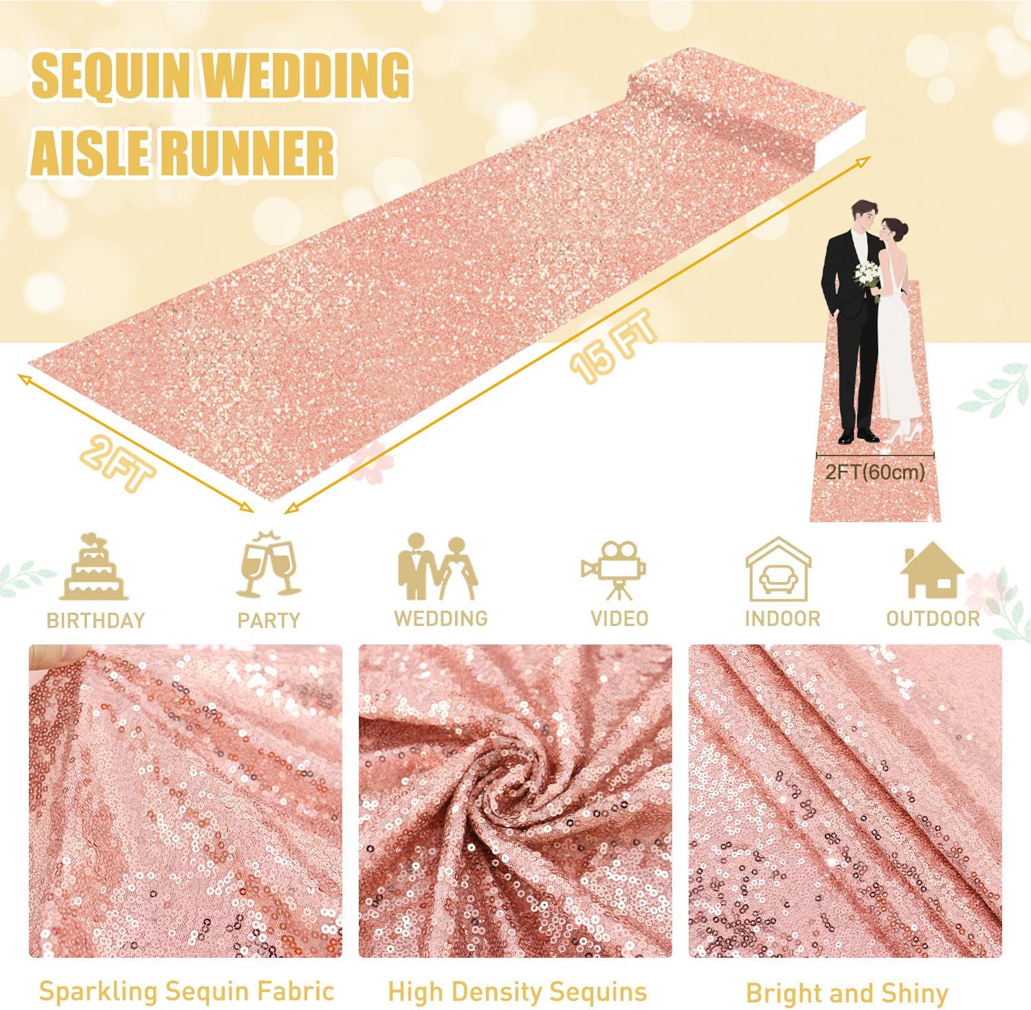 Rose Gold Sequin Aisle Runner Rug 2ft x 15ft