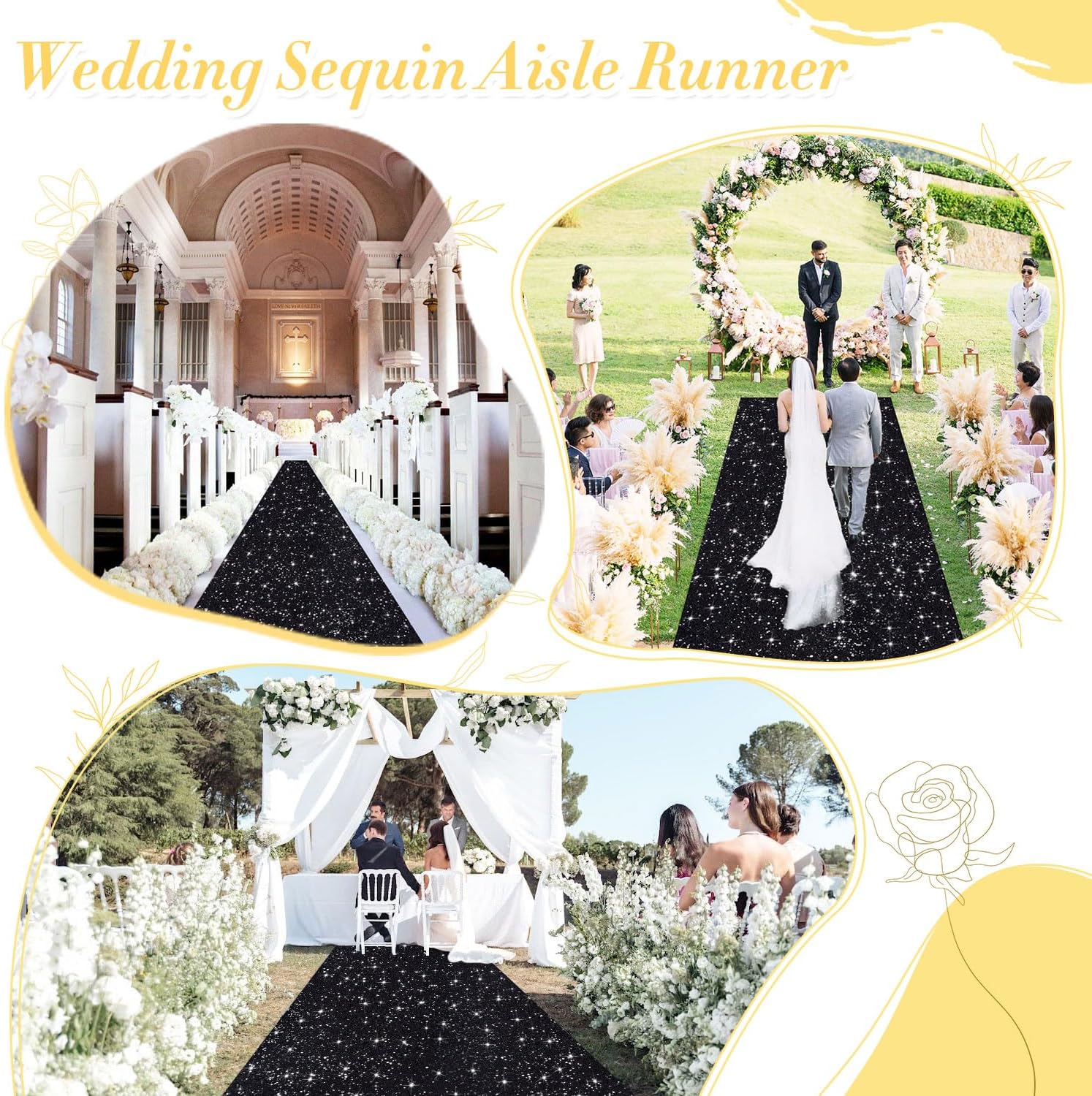 Black Sequin Aisle Runner 2FTx15FT Wedding Decor